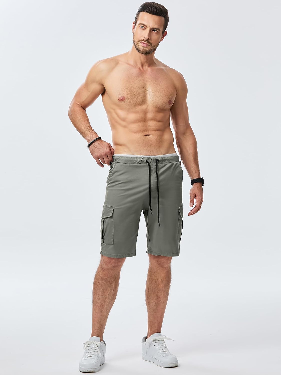 Detalle 2 de JMIERR Mens Cargo Shorts Combat Plain Casual Summer Cotton Jogging Short with Drawstring and Multi Pockets