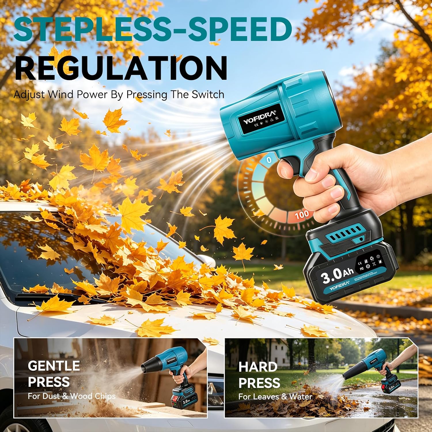 Detalle de Yofidra sku4G6424Y batteridriven turbolövblås, 3 hastigheter och 4 munstycken