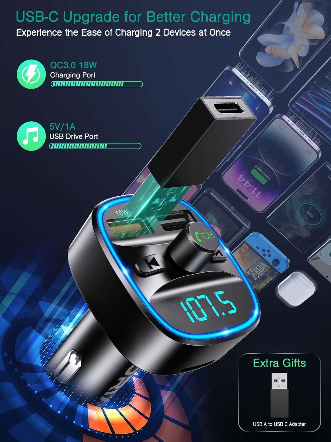 Detalle de ORIA Bluetooth FM Transmitter fürs Auto (Bluetooth 5.3, Freisprechen, Mikrofon mit CVC, SD-/USB-Wiedergabe)
