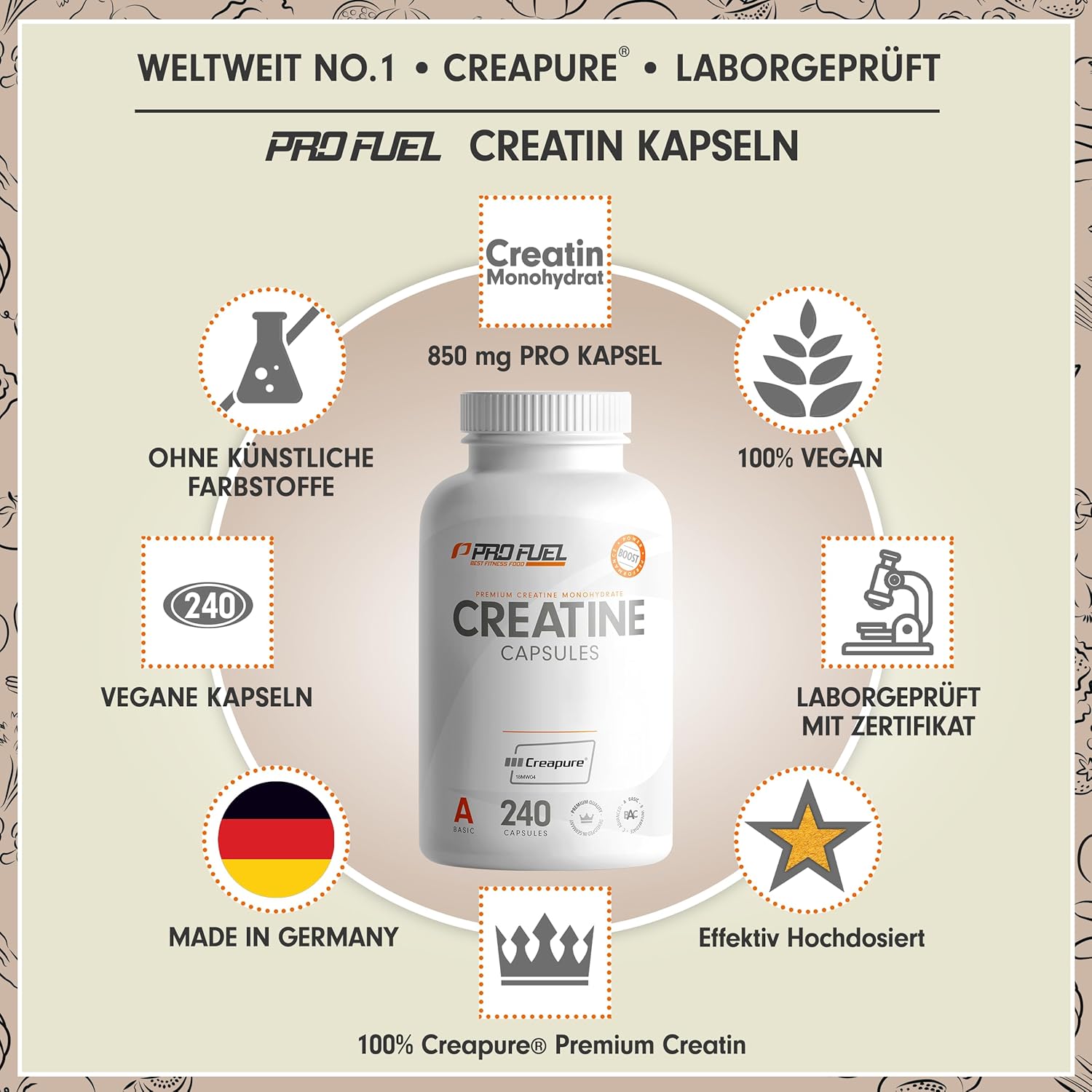 Detalle 2 de Creatin Kapseln 240× — 850 mg Creapure® Creatin pro Kapsel 💊