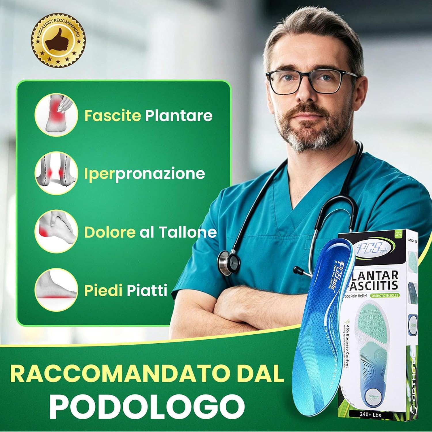 Detalle de PCSsole Solette Ortopediche Migliorate con Cuscinetto in Bagassa – Supporto per Fascite Plantare e Piede Piatto