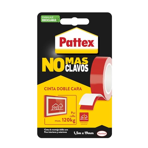 Detalle de Pattex No Más Clavos Cinta: cinta doble cara extrafuerte 19 mm x 1,5 m para interior y exterior