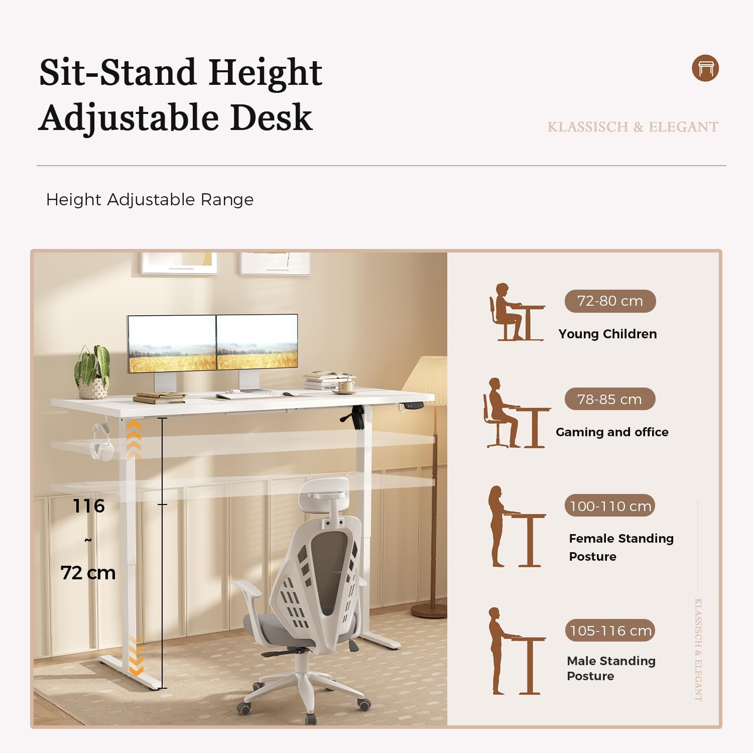 Detalle de Klicelor Electric Standing Desk with 72–116 cm Height, 2 Memory Buttons, and Dual Panels (White)