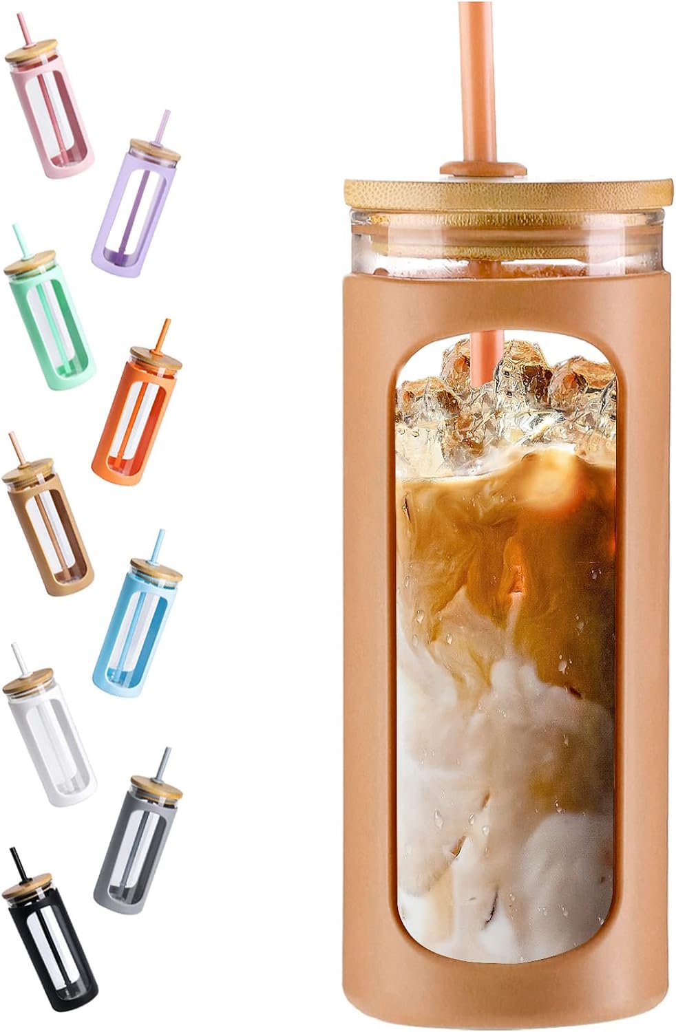 Thumbnail 6 de Kodrine 20oz Glass Water Tumbler with Straw, Bamboo Lid, and Silicone Sleeve (BPA-Free, Amber)