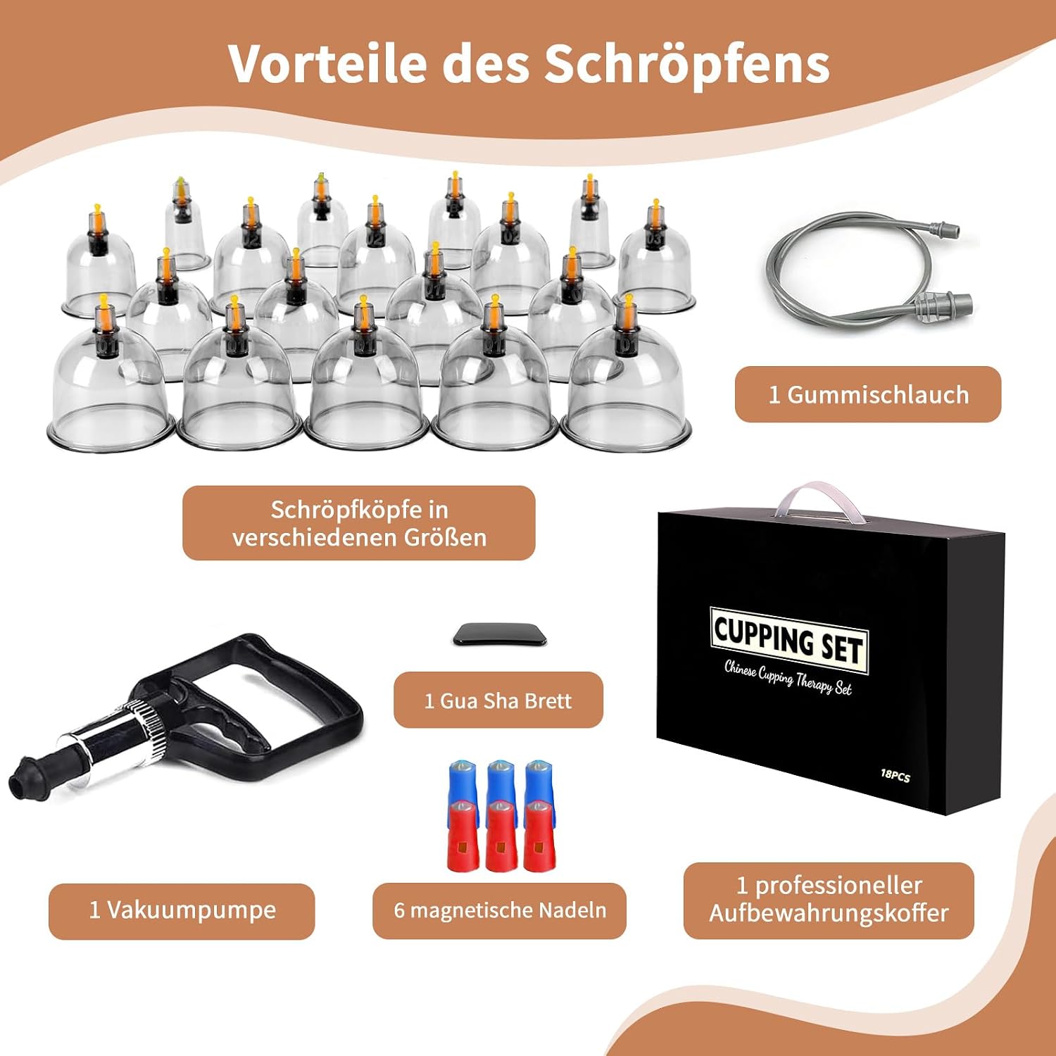 Thumbnail 5 de Schröpfgläser mit Vakuumpumpe & Therapiemagneten + Faszien-Schaber – 18 Stück gegen Verspannungen, Cellulite und Lymphdrainage