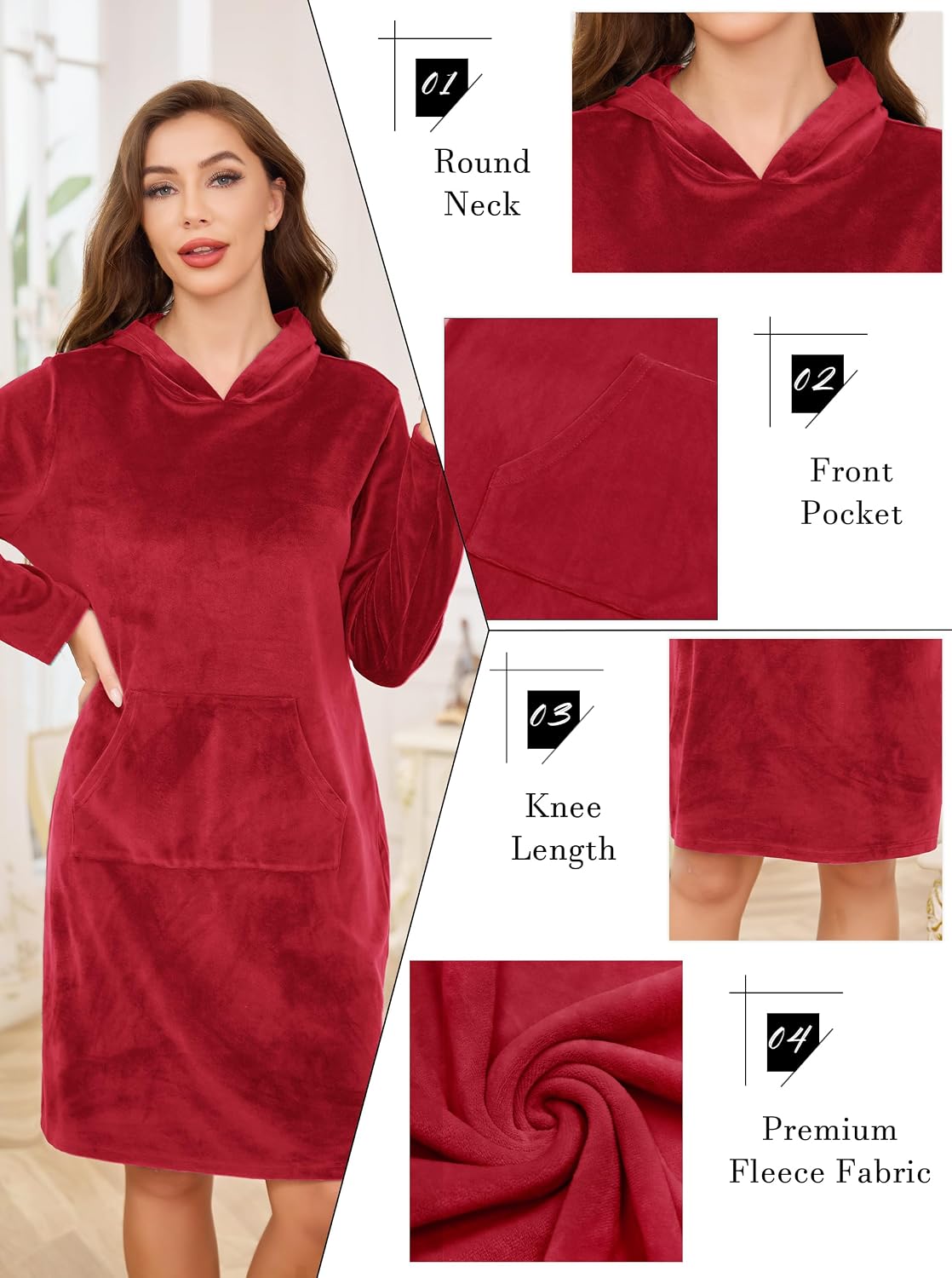 Detalle de Wikoan Women’s Luxury Fleece V-neck Nightdress with Hat (Plus Size)