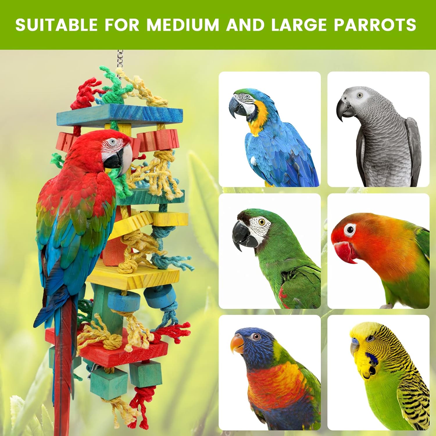 Thumbnail 1 de MQUPIN Chewing Large Parrot Toys: Multicoloured Wooden Block Toy for Cockatoos, African Grey, Macaws & Amazons (21.3" x 5.1")