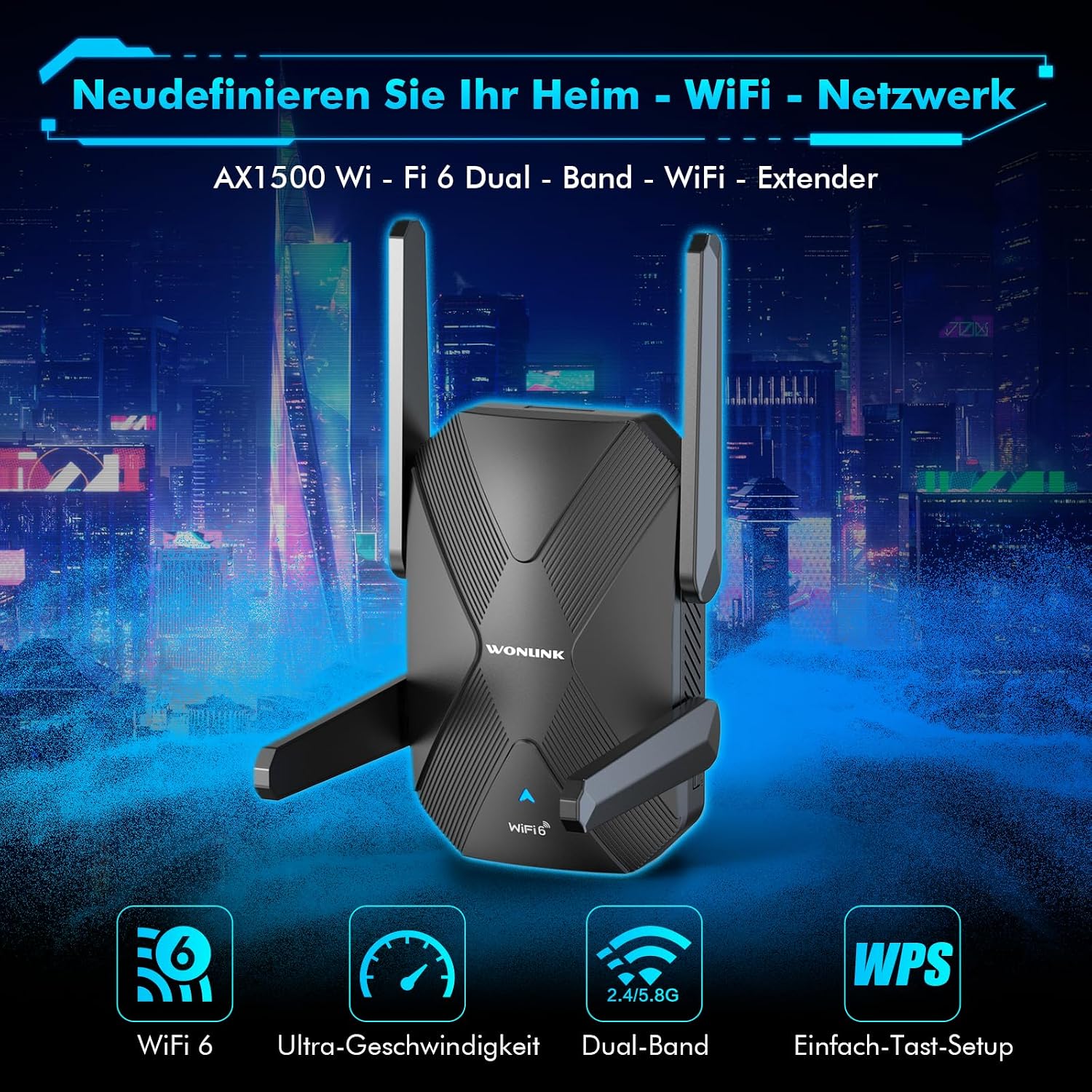 Detalle 2 de WONLINK WLAN-Verstärker 1500 MBit/s WiFi 6 Dualband – Repeater, Router oder AP mit 4 Antennen, LAN/WAN-Port
