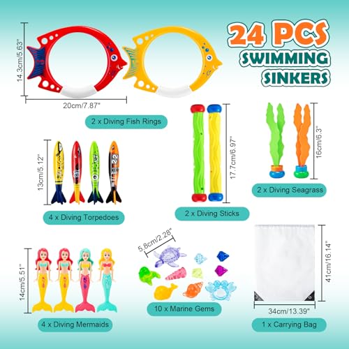 Detalle 2 de Mactoou Juguetes de Buceo para Piscina (24 piezas) – Juego infantil para nadar y bucear con bolsa de transporte