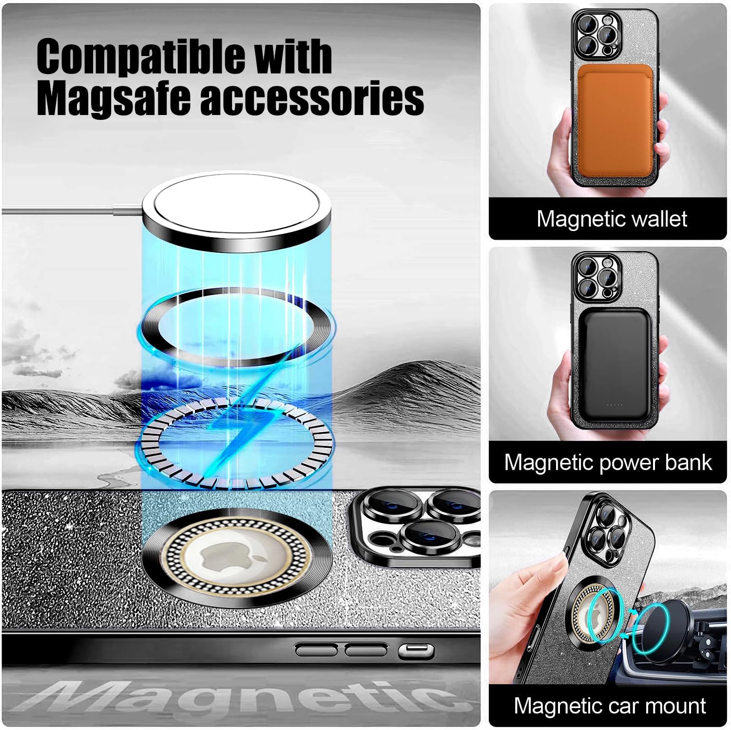 Detalle de Misscase Magnetic Glitter Case for iPhone 16 Pro Max – Full Protection with Camera Lens Protector