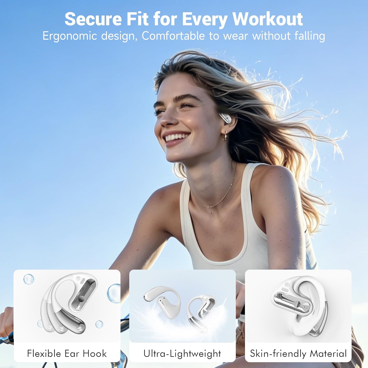 Detalle de Open Ear Headphones with Bluetooth 5.4 — 60H Playtime, LED Display Case, IPX7 Waterproof (White)