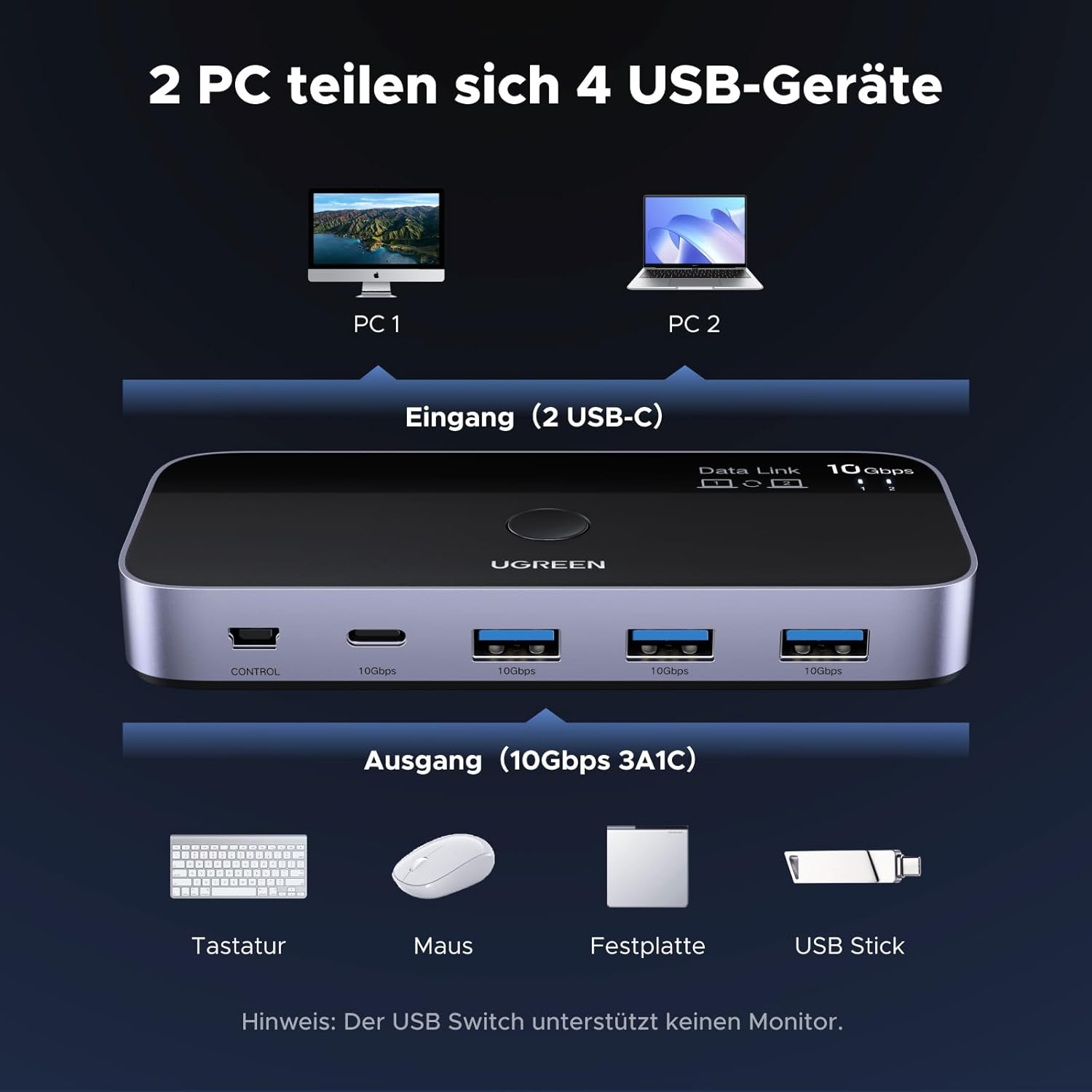 Thumbnail 1 de UGREEN 10Gbps USB Switch (USB-C) mit Fernbedienung – 2 PCs, 3× USB-A 3.2 + 1× USB-C 3.2