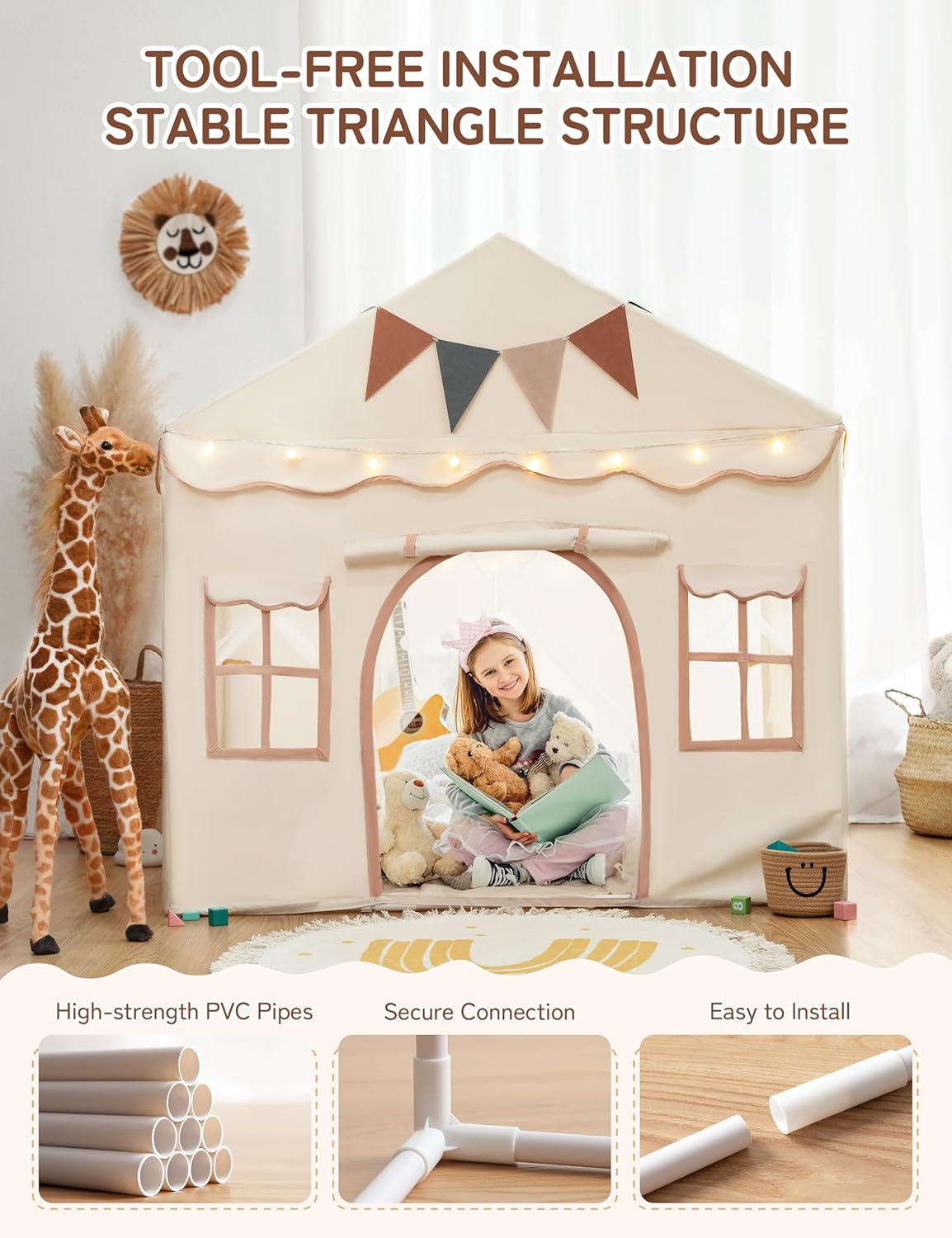 Detalle de besrey 2-in-1 Kids Play House Tent with Lights and Pad – Indoor/Outdoor Castle for 3–4, Beige