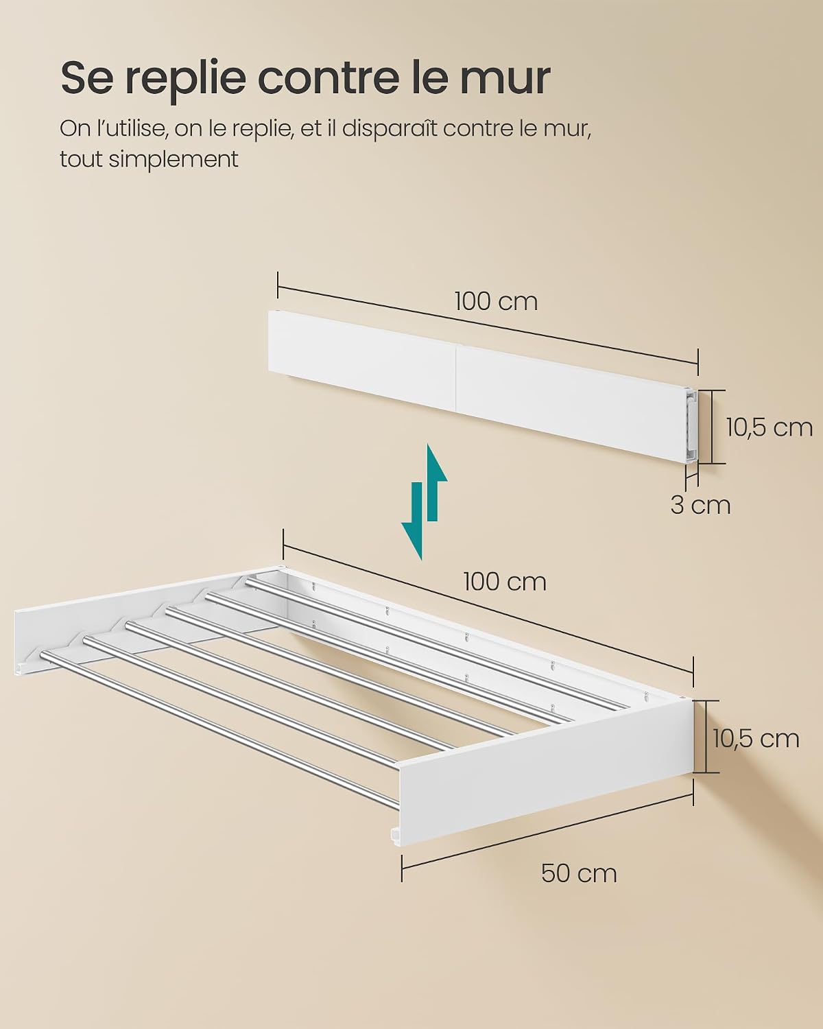 Detalle de SONGMICS Étendoir à Linge Mural Rabattable 5 Barres 80 cm – gain de place, aluminium, intérieur et extérieur