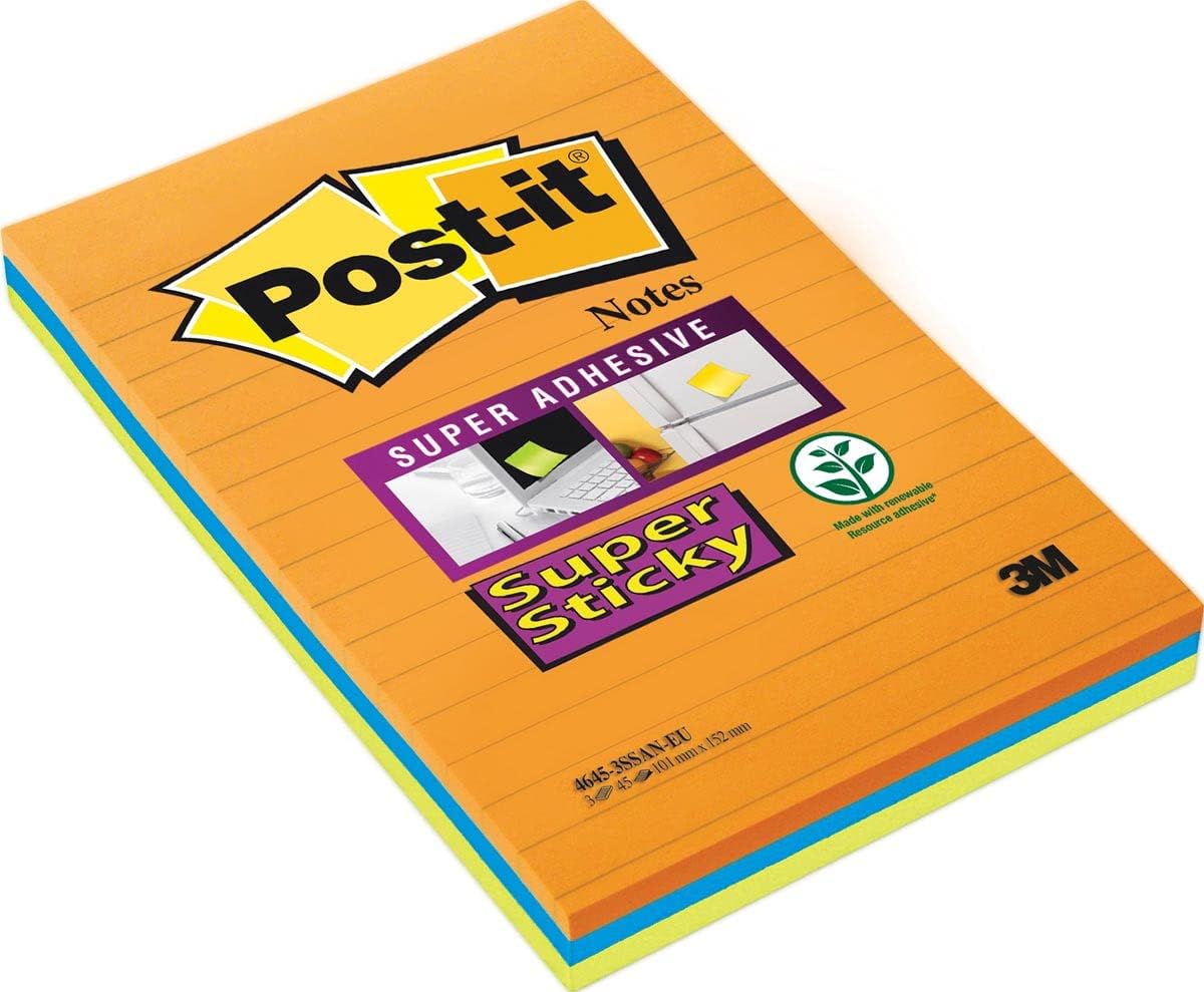 Detalle de Post-it 46453SSA Super Sticky, linjerade självhäftande lappar, 101 × 152 mm
