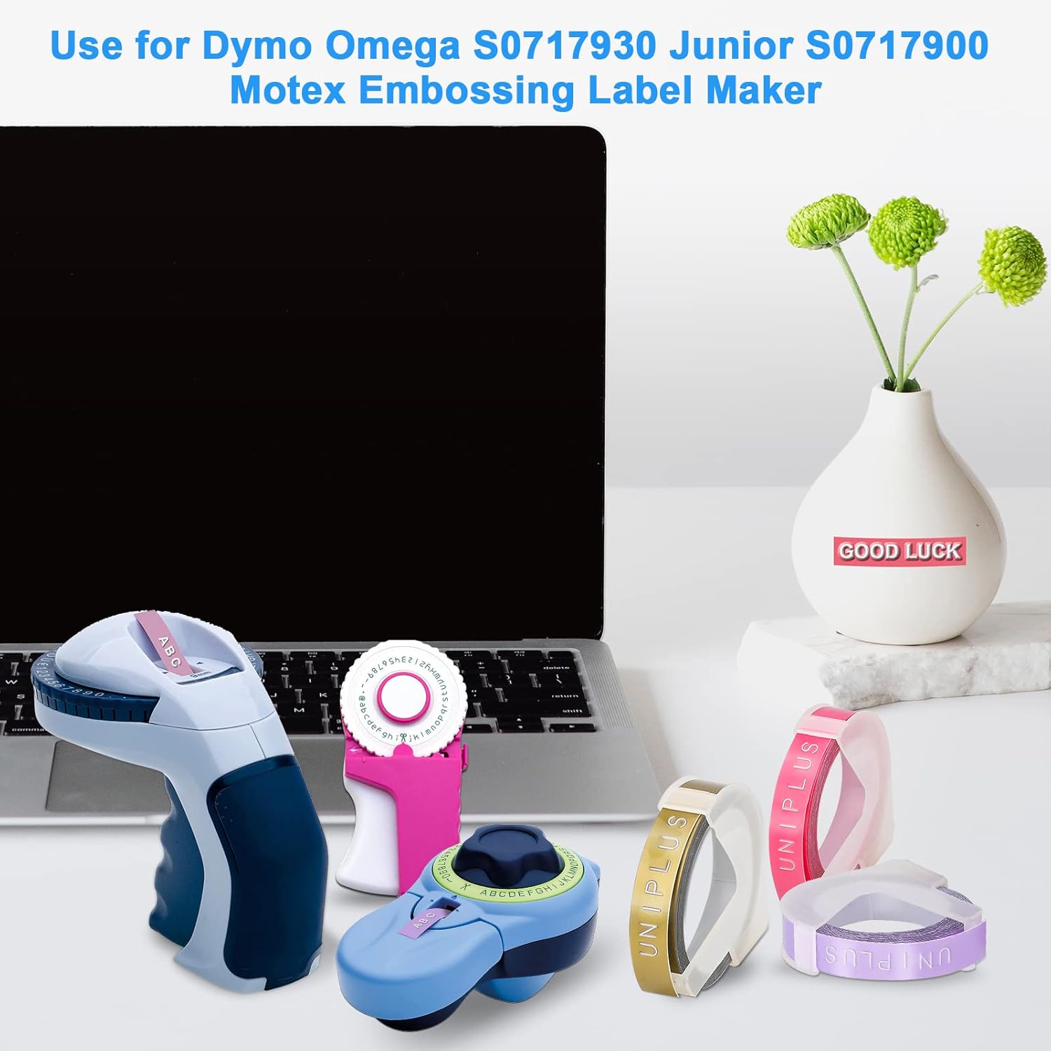 Detalle de UniPlus Omega kompatibles 9 mm x 3 m Etikettenband – 12 Rollen Ersatz für Dymo Omega Embosser