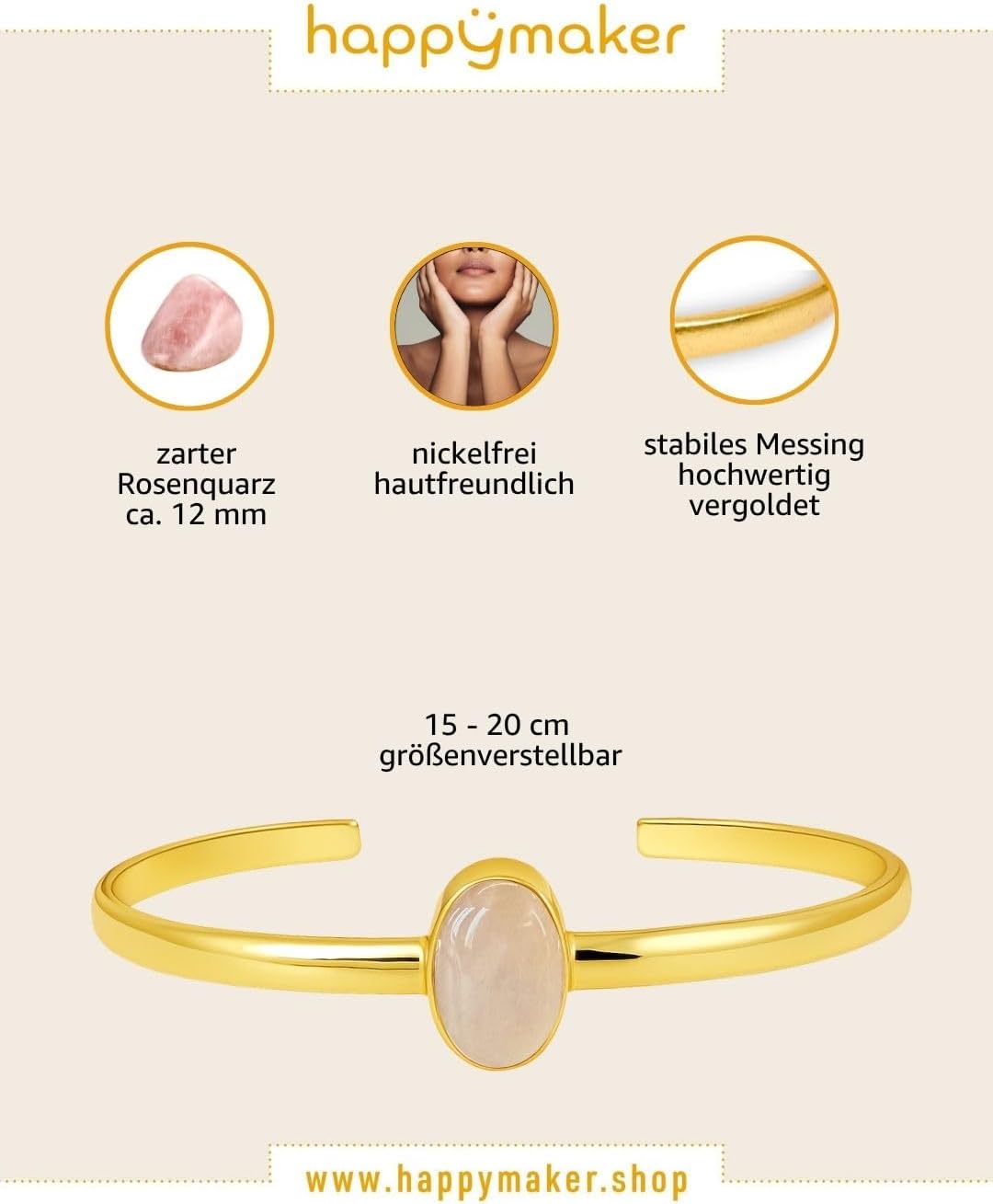 Thumbnail 4 de happymaker Armreif Gold Damen mit echten Edelsteinen – Mondstein, Rosenquarz oder Karneol
