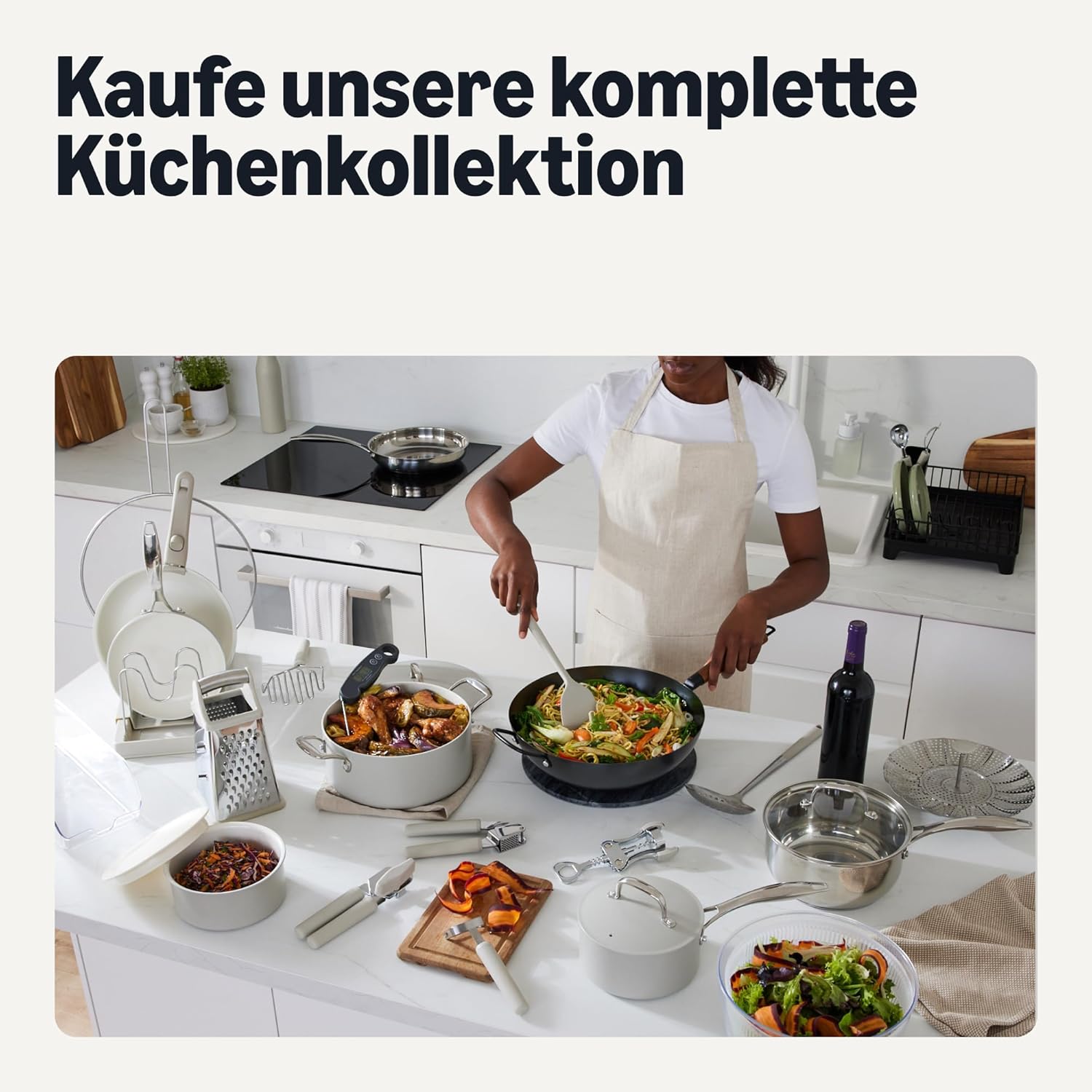 Thumbnail 5 de Amazon Basics Antihaft-Keramikkochgeschirr, 3-Teiliges Set – spülmaschinenfest, induktionsgeeignet, Leinengrau