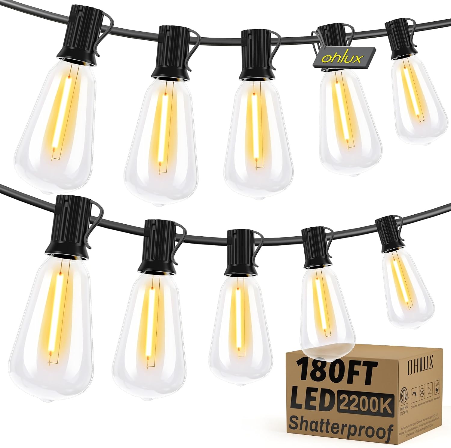 Detalle de OHLUX GLS-20J2P-E17-ST38- 180 ft Outdoor String Lights, 2200K Dimmable LEDs