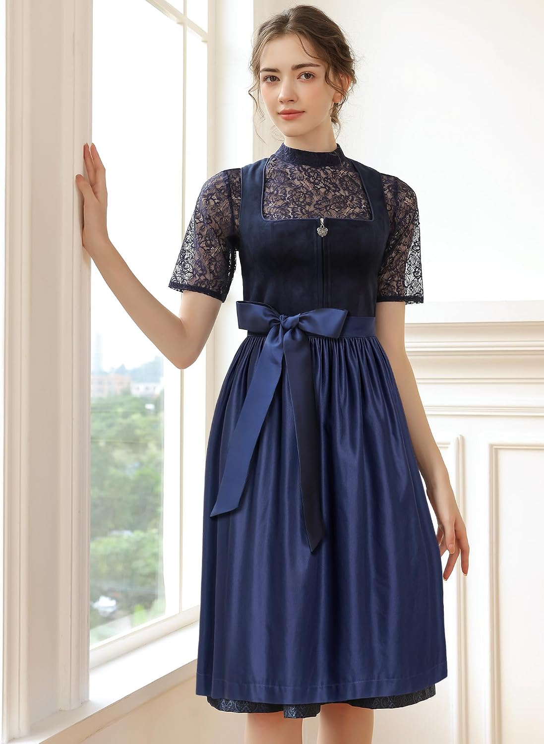 Detalle de EIISSION Dirndl Damen midi Lang – 3-teiliges Trachtenset in Blau