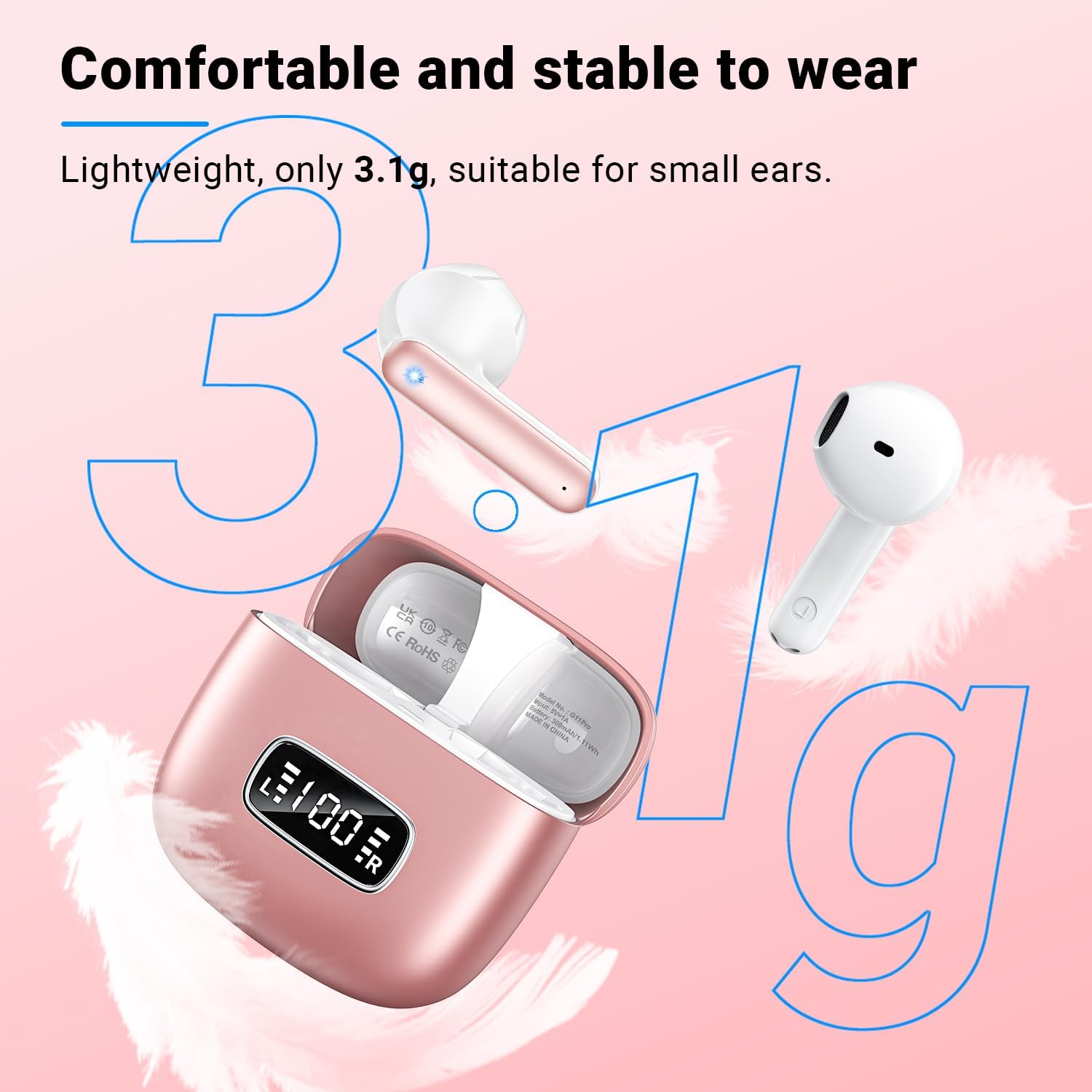 Detalle 1 de Godyse G11MAX Wireless Earbuds, Bluetooth 5.4, Up to 42 Hours, Pink
