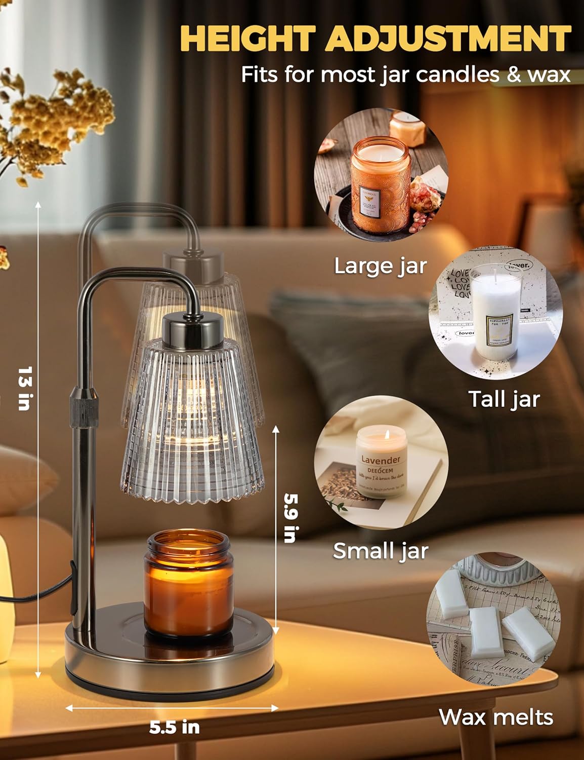 Thumbnail 4 de GODONLIF Candle Warmer Lamp with Timer and Adjustable Height — Dimmable, 2 Bulbs, Gray