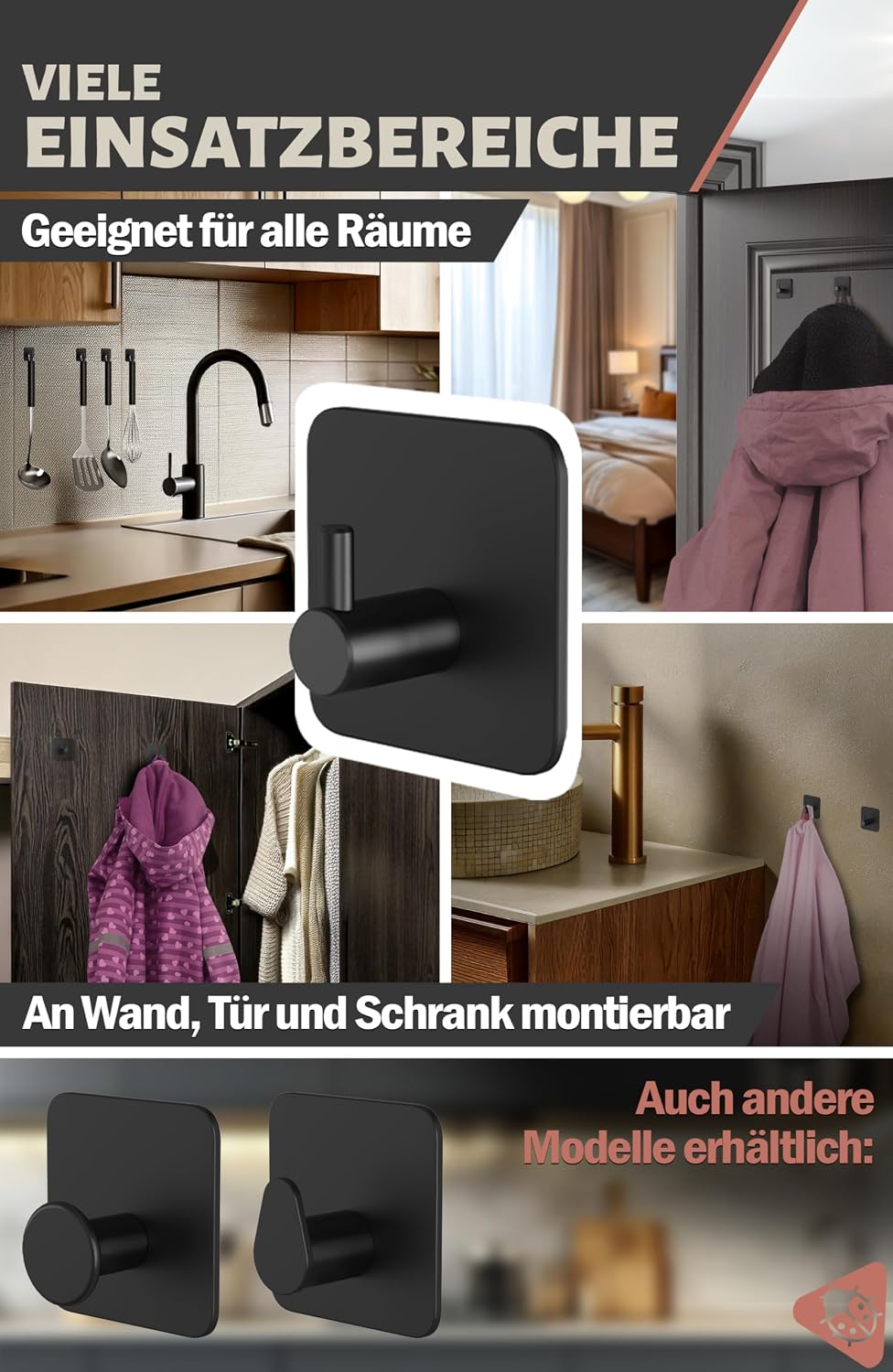 Detalle 2 de 4smile Handtuchhalter ohne Bohren – 4er-Set in Schwarz, wasserfeste Klebehaken aus Edelstahl (V2A) bis 10 kg