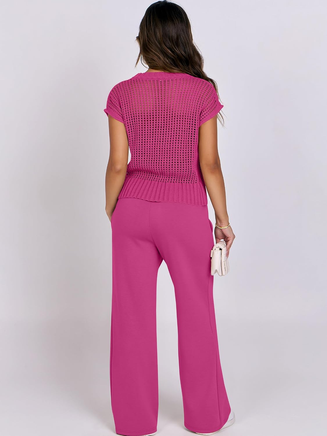 Detalle de ANRABESS Women Two Piece Crochet Knit Set: Sheer Top and Wide-Leg Pants