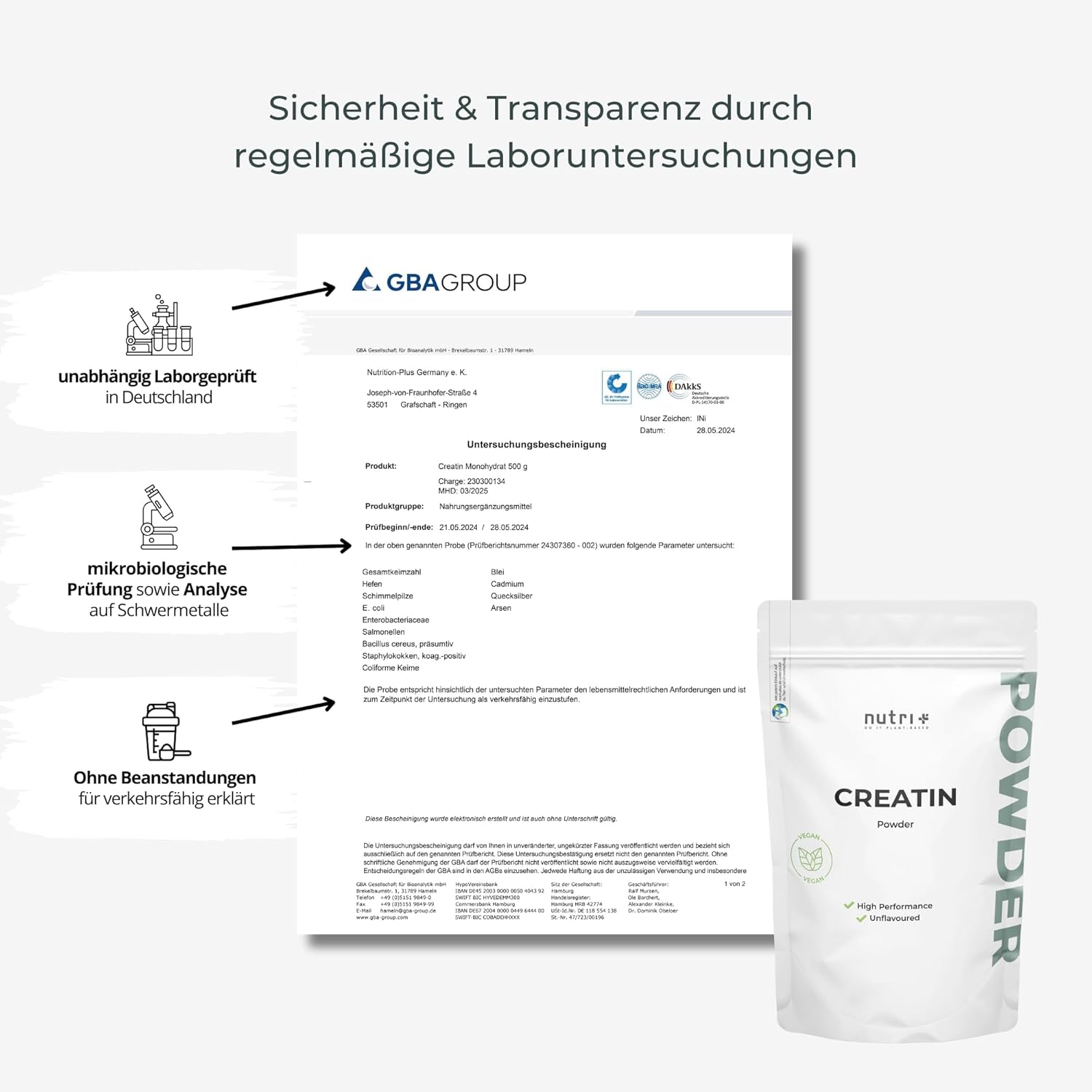 Detalle de Nutri + Creatin Monohydrat 1 kg – Mikronisiertes Kreatinmonohydrat, vegan, Made in Germany