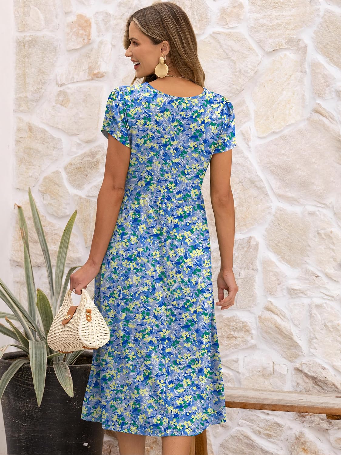 Detalle de ANRABESS Floral Midi Dress with Pockets – Beachy A-Line Sundress