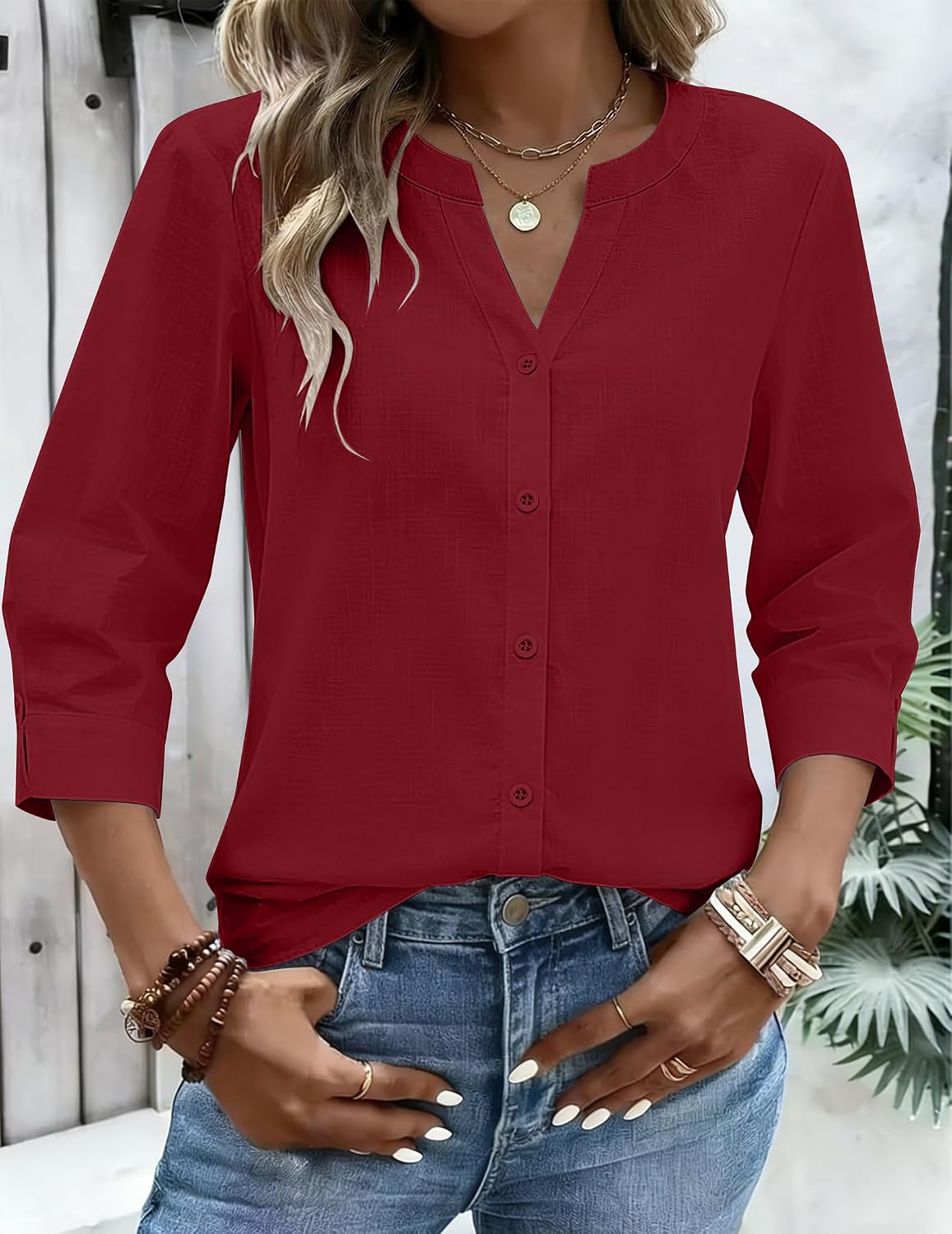 Detalle 2 de Zeagoo Women’s Linen-Cotton Button-Down 3/4 Sleeve Top
