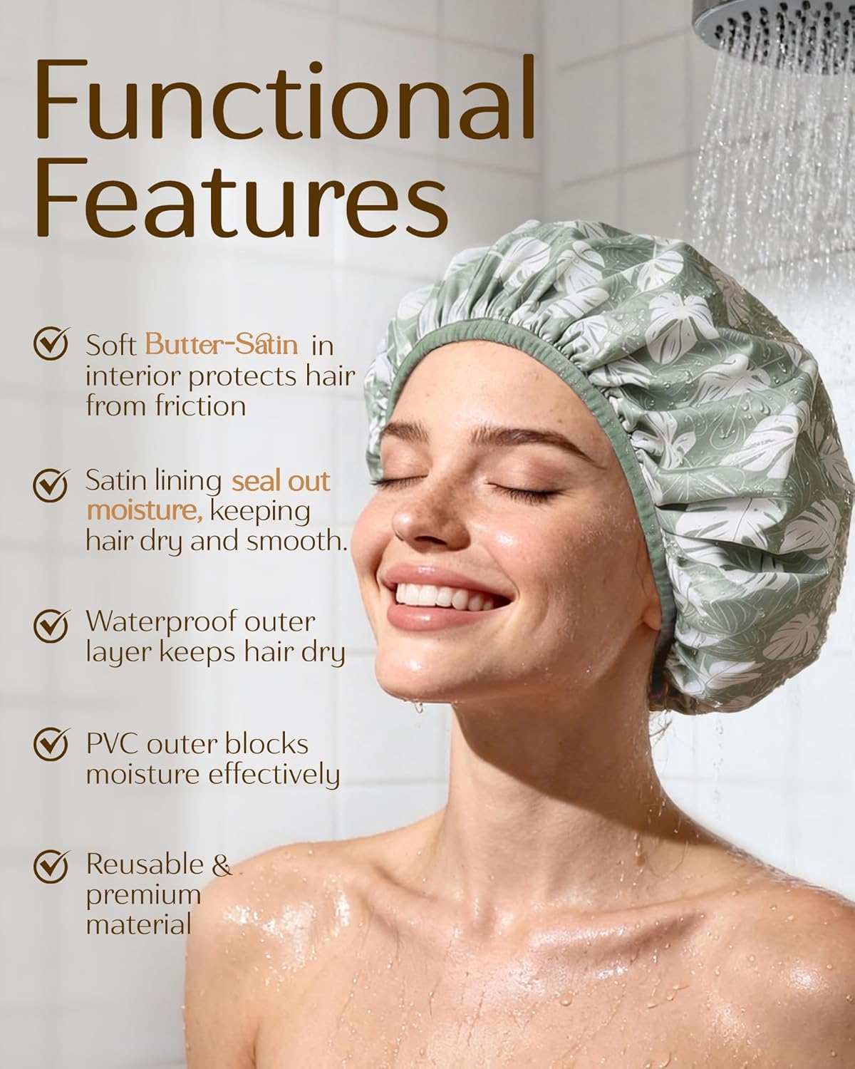 Thumbnail 3 de Yanibest Shower Cap for Women - Frizz Free Satin Lined, Waterproof, Large Double Layer Reusable with Soft Elastic Band