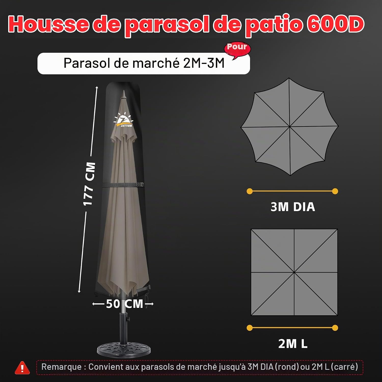 Detalle de Zettum UC-DS-M-BLK beschermhoes voor zweefparasol, 600D Oxford en PU-coating