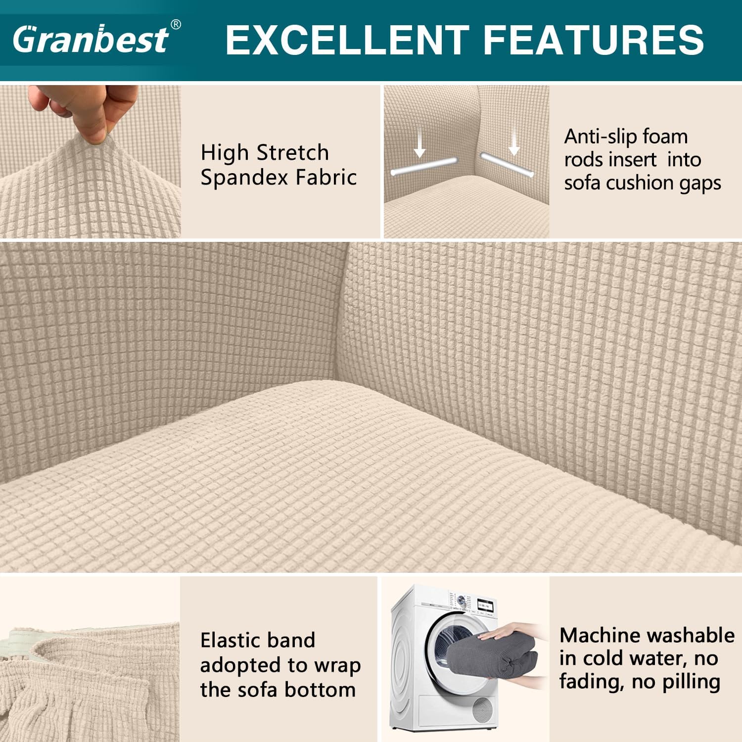 Thumbnail 2 de Granbest High Stretch 3 Seater Sofa Cover (Beige) – non-slip, pet-friendly jacquard spandex slipcover