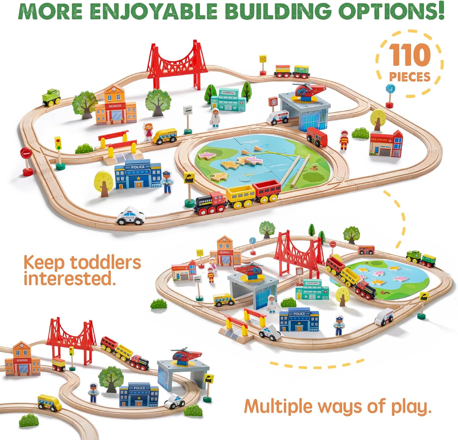 Detalle 2 de Tiny Land 110PCS Wooden Train Set 🚂