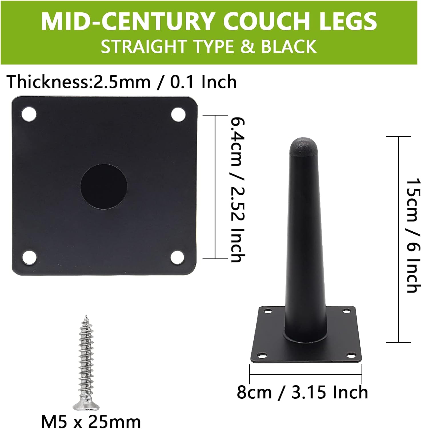 Thumbnail 4 de Cjueiom 6 Inch Straight Furniture Legs – Black, Set of 4