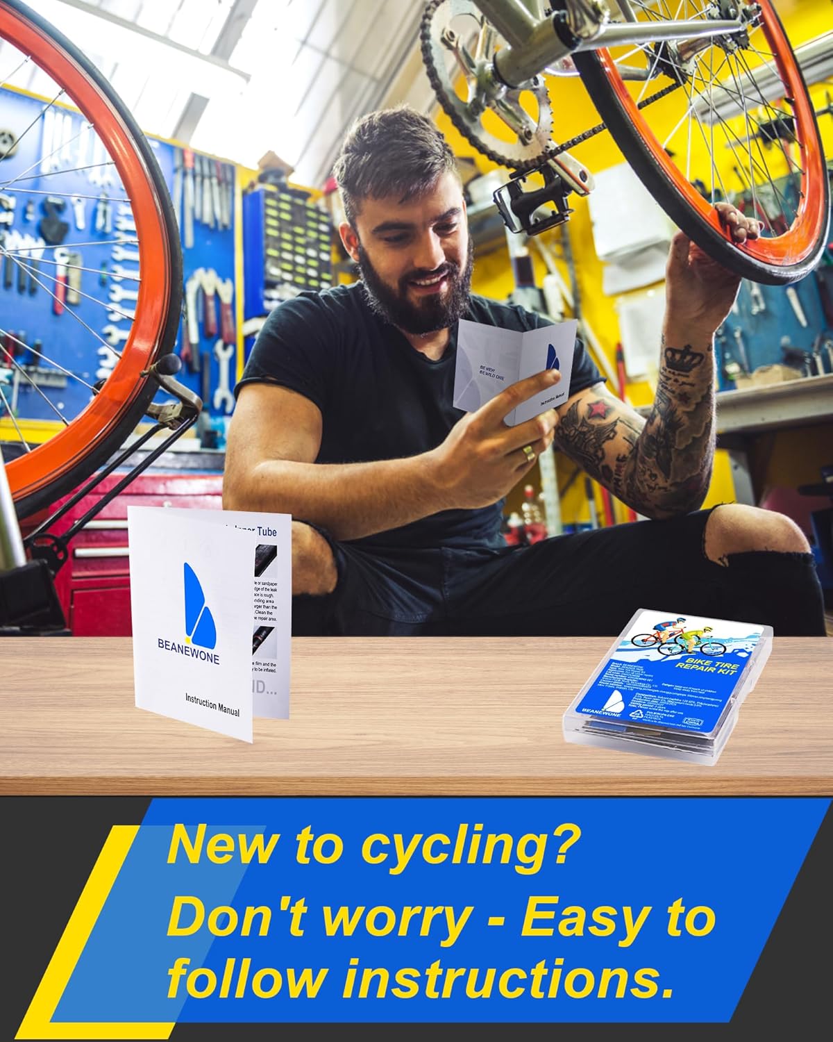 Detalle de Beanewone Puncture Repair Kit – Portable Bike Tyre Kit with 18 Patches, 2 Rubber Solutions, Levers and Rasp