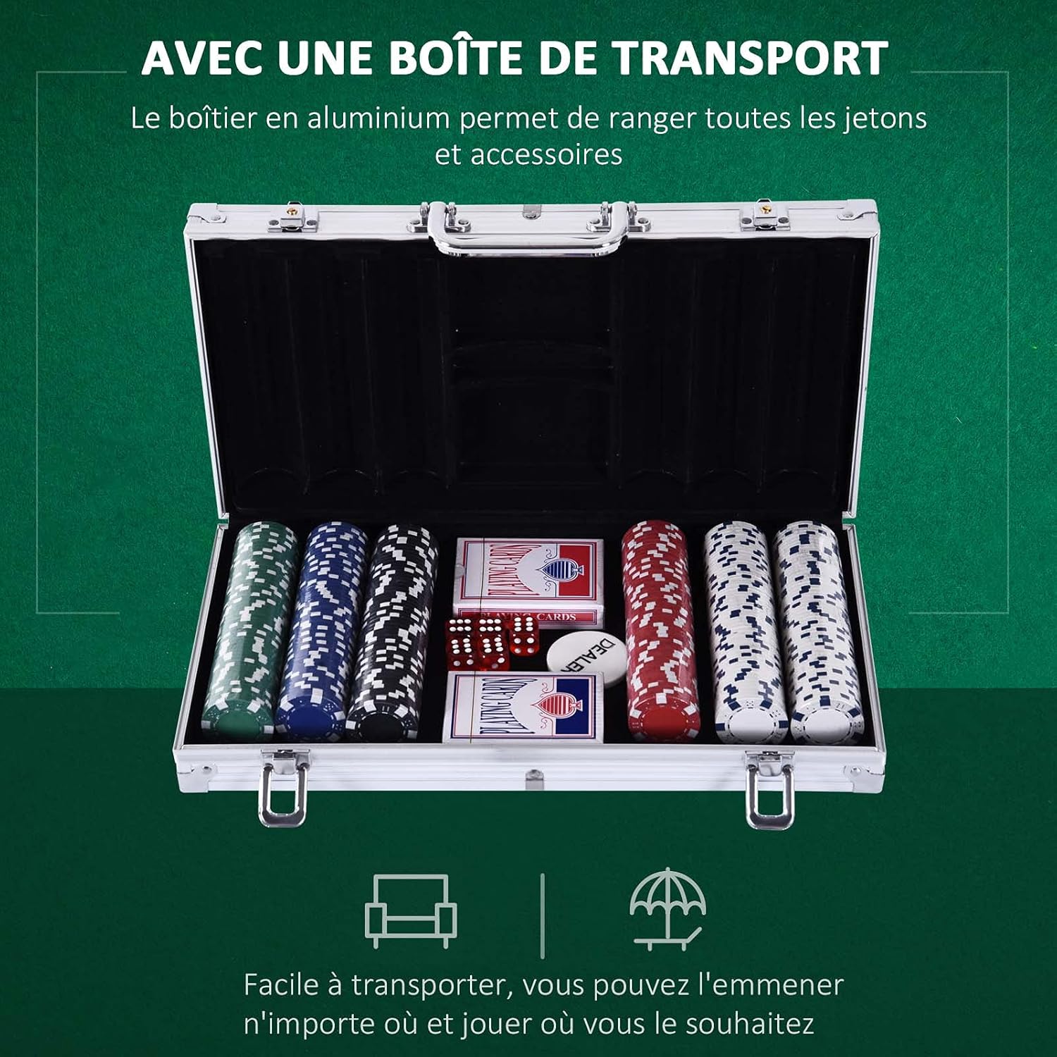 Thumbnail 2 de HOMCOM Mallette de Poker Coffret complet avec 300 jetons et 2 jeux de cartes – Aluminium robuste