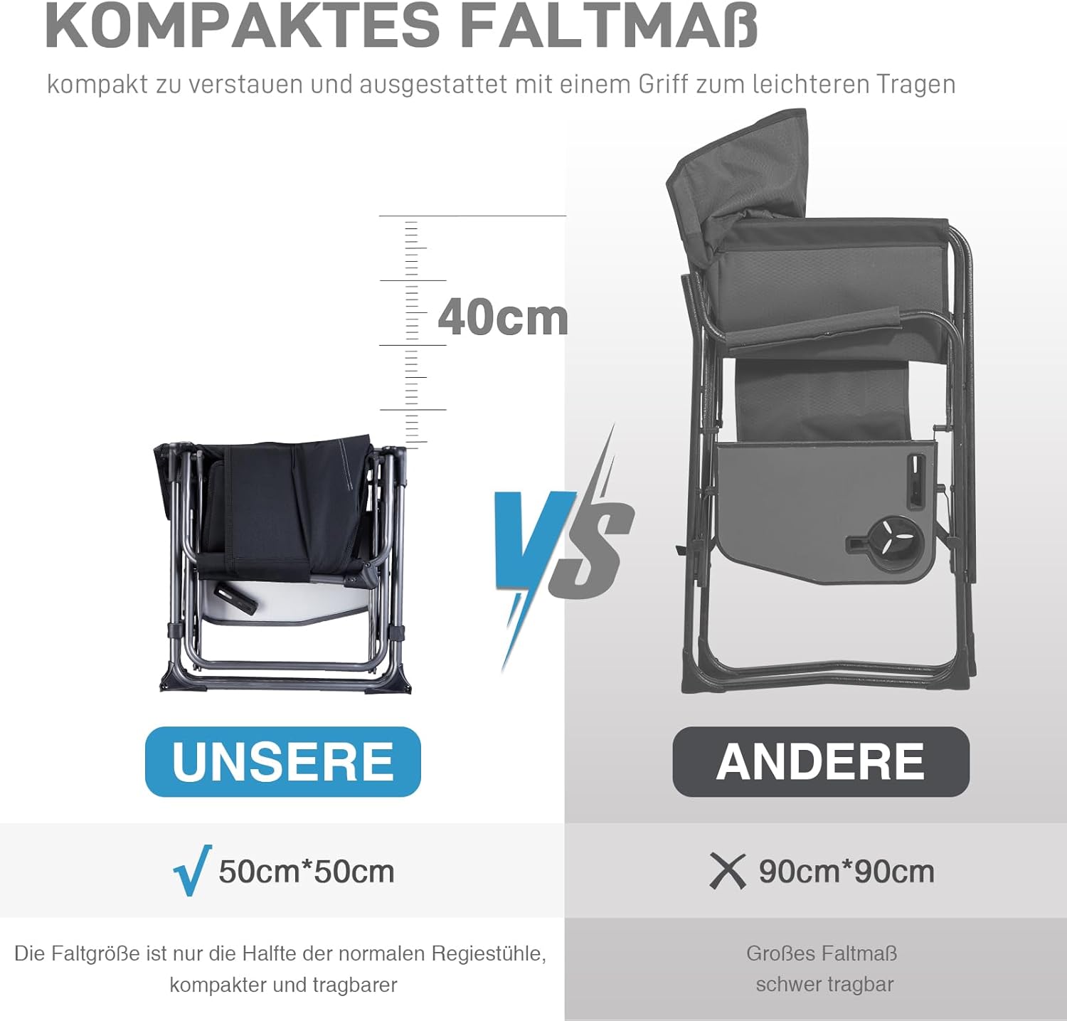 Detalle 2 de EVER ADVANCED Regiestuhl Klappbar 180KG Belastbar – kompakt, mit Seitentisch und Seitentasche