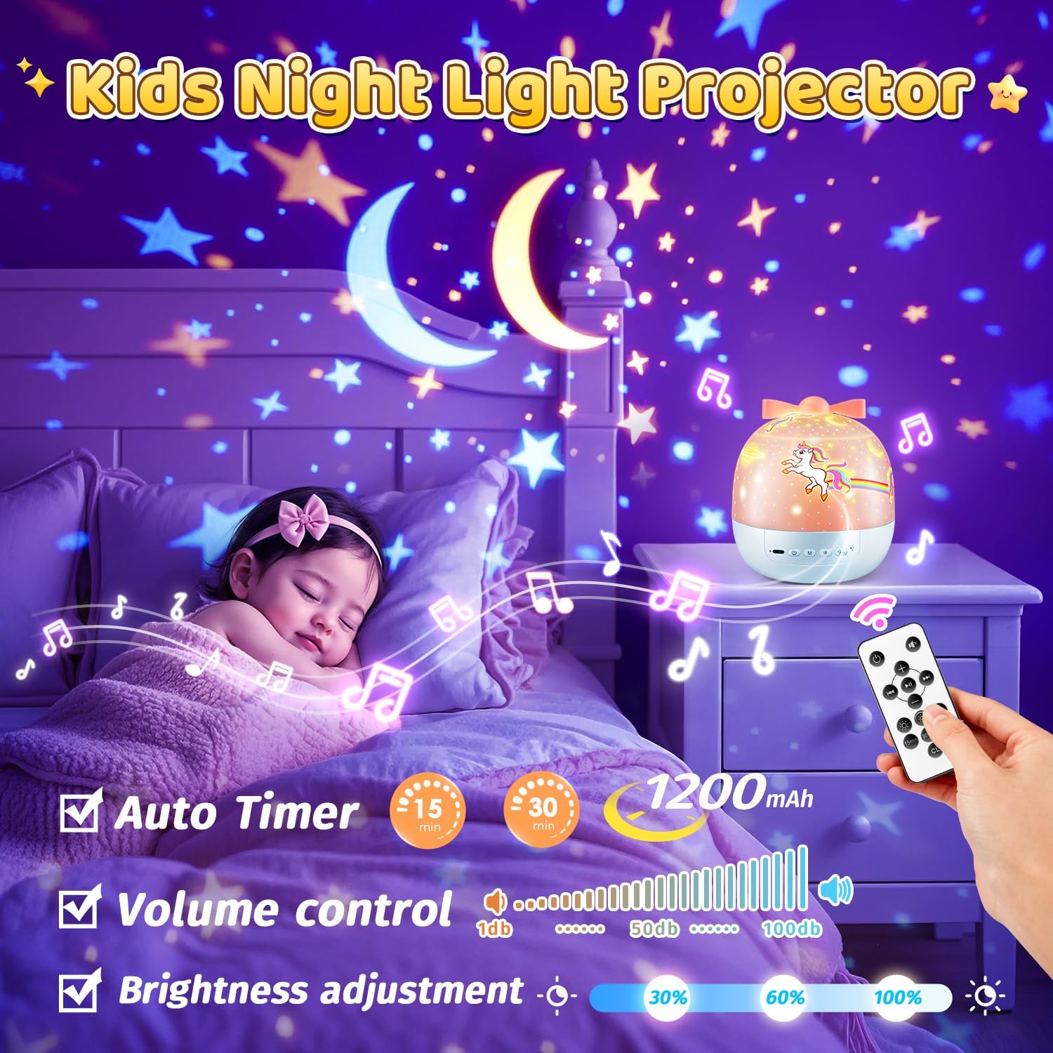 Thumbnail 6 de Nachtlicht Sternenhimmel Projektor Kinder – 4-in-1 mit 12 Farbumschlägen, Spieluhr & Einhorn-Deko