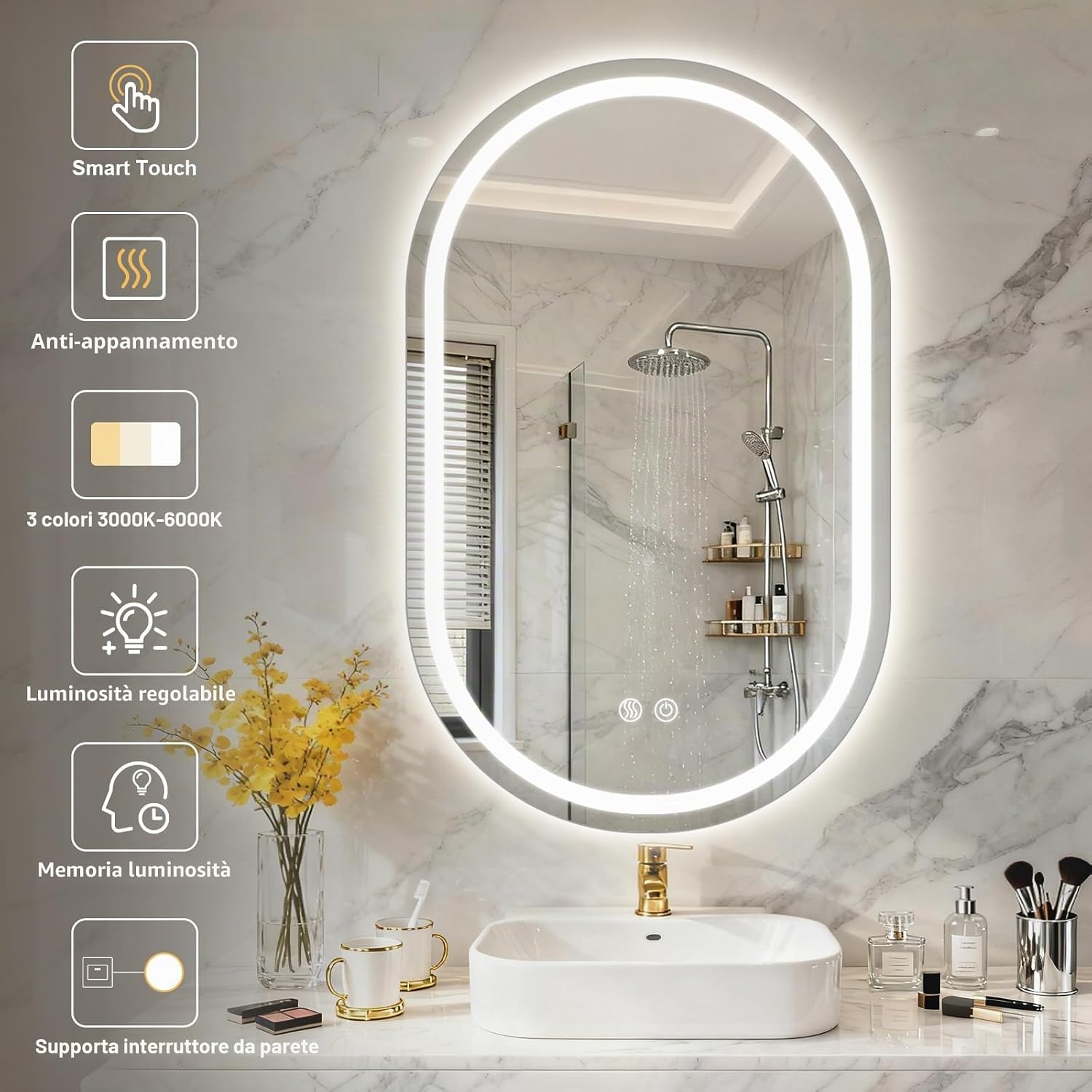 Thumbnail 1 de PINNIP Specchio Bagno con Luce LED Ovale da Parete 80 x 50 cm – Antiappannamento, Dimmerabile e Vetro Temperato