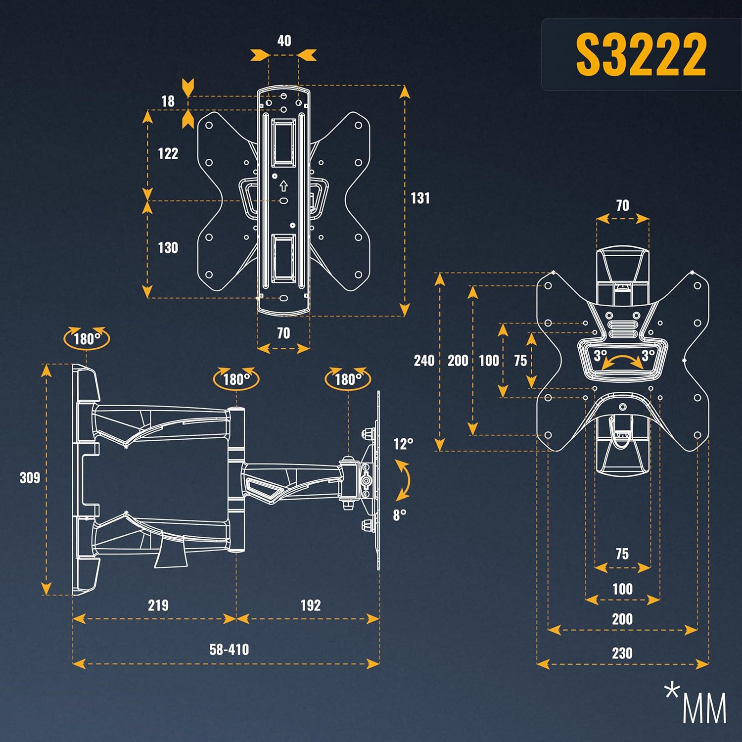 Thumbnail 6 de Support mural TV orientable RICOO Support Murale S3222 inclinable universel 30-55" (VESA 75x75 à 200x200)