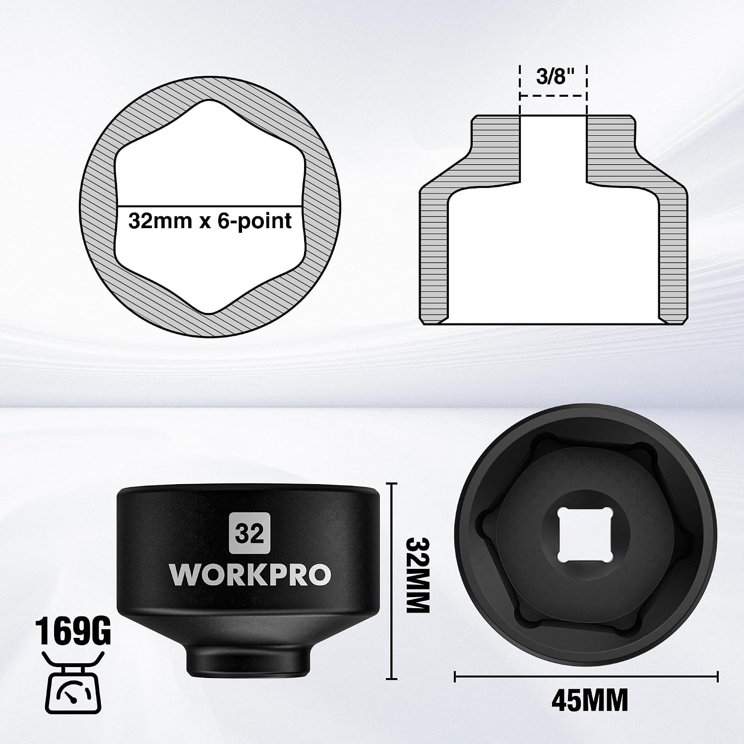 Detalle de WORKPRO 32mm Oil Filter Socket Wrench, 6-Point Hex, 3/8-Inch Drive