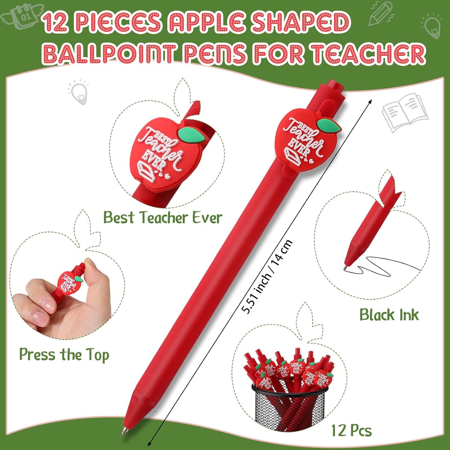 Detalle de Johiux 12 Sets Thank You Gifts for Teachers: Apple Themed Keychains, Pens & Cards in Organza Bags