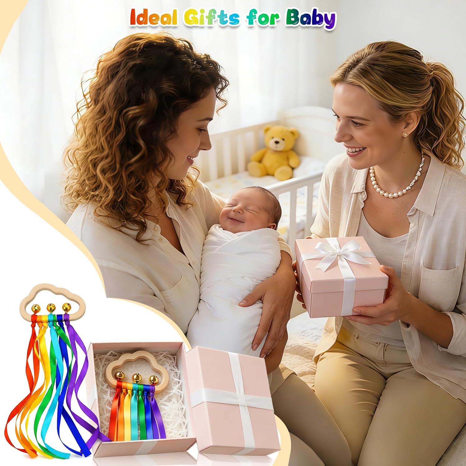 Detalle de Baby Wooden Sensory Rattle Toys Rainbow Ribbons Cloud Ring (2 pieces) with bells