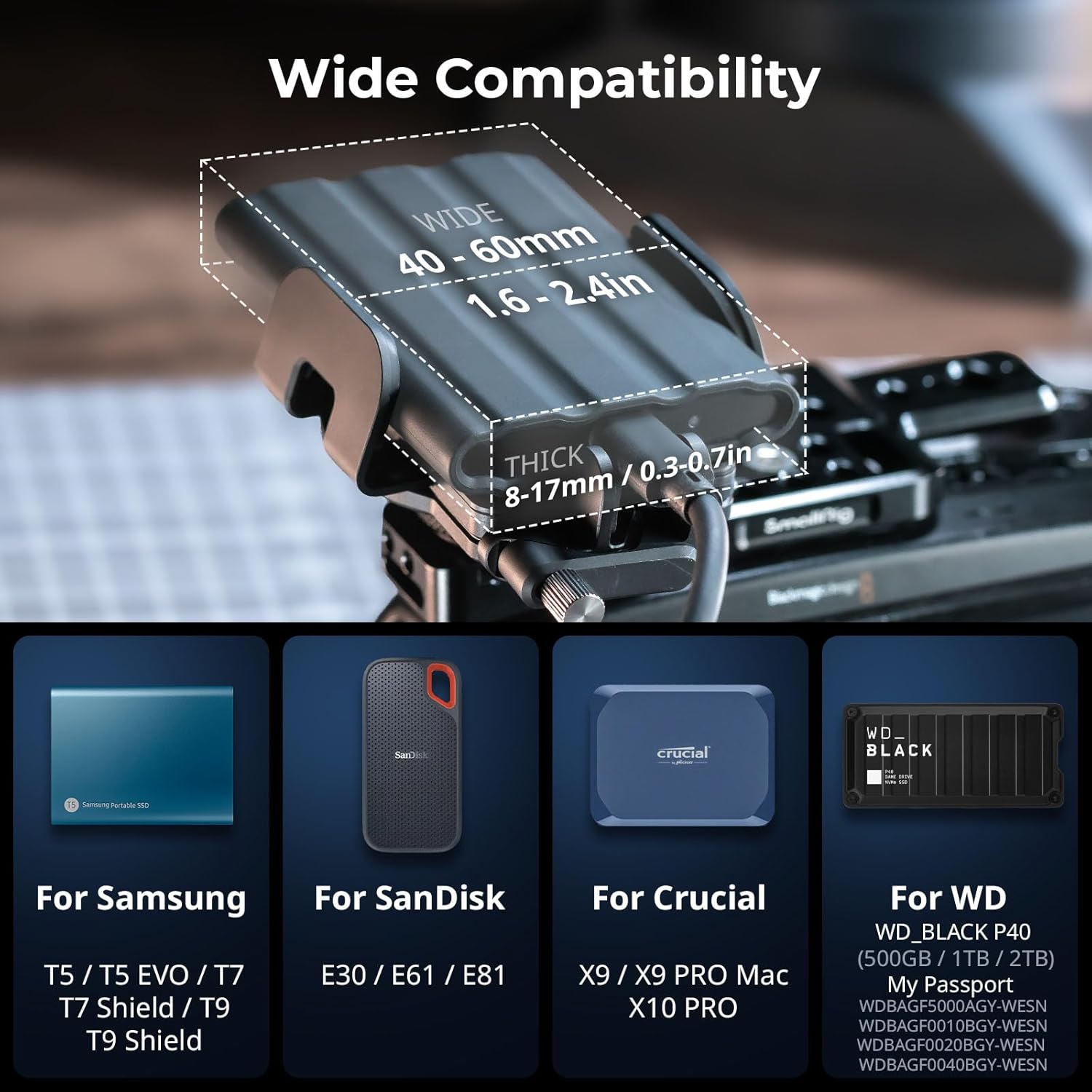 Detalle de SMALLRIG Support universel SSD avec serre-câble pour griffe de flash (largeur de serrage 40 à 60 mm)