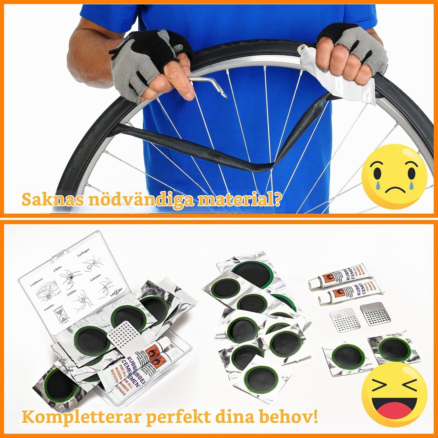Detalle de LotsJoy cykelreparationssats för däck med lappar och vulkaniseringsvätska