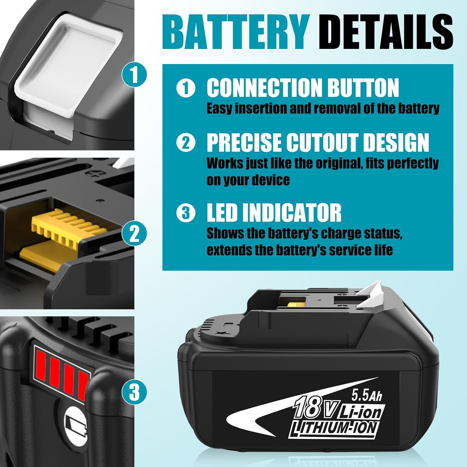 Thumbnail 2 de 2 batteries de rechange 18V 5,5Ah Li-ion pour outils Maki-TA (compatibles BL1850/BL1860B/BL1840/BL1830/BL1820B/BL1815) – pack de 2