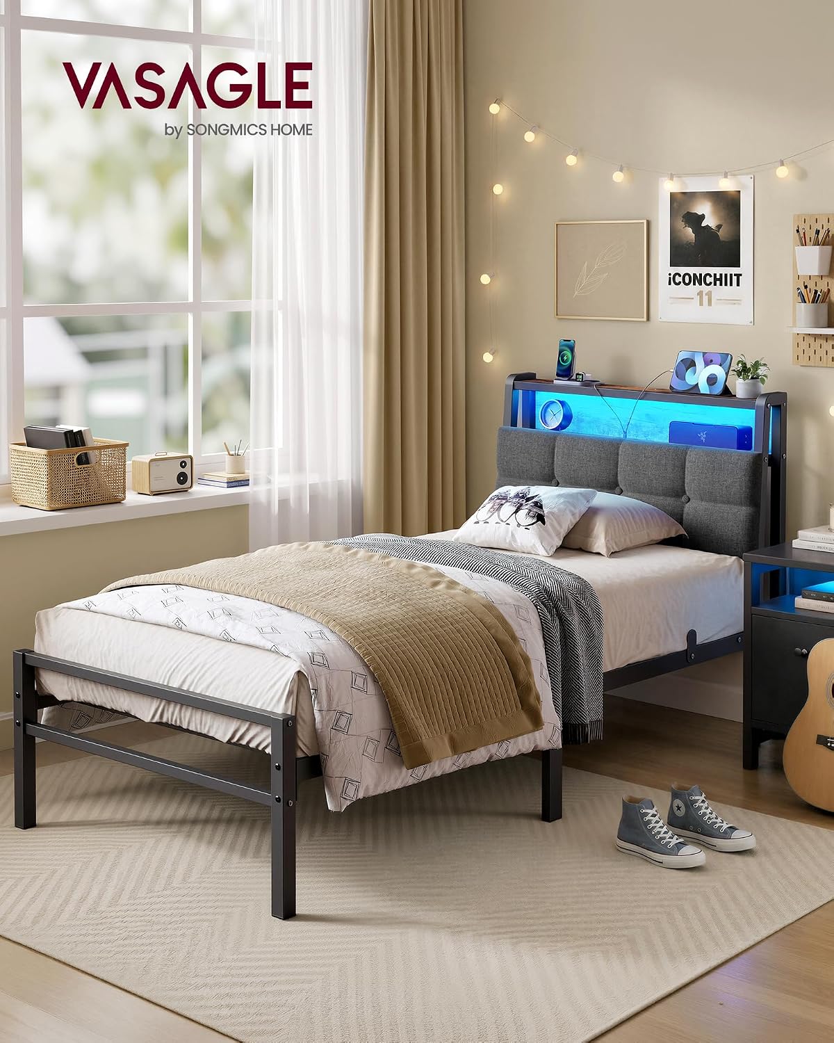 Thumbnail 2 de VASAGLE Struttura Letto Singolo in Acciaio con Luci LED e Prese – RMB122G101, Nero Opaco