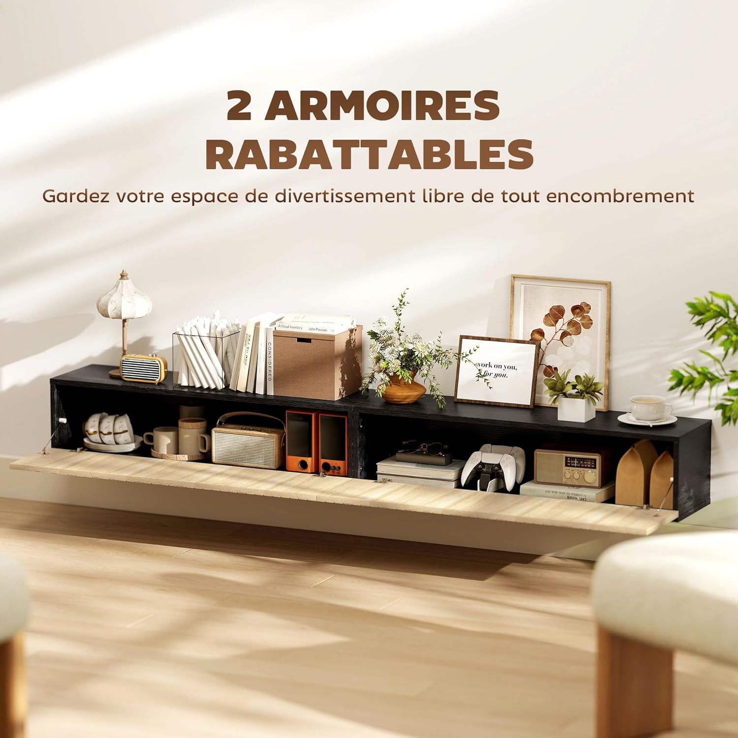 Thumbnail 3 de HOMCOM Meuble TV suspendu flottant 140 cm – Banc TV mural en MDF mélaminé, boise naturel et noir